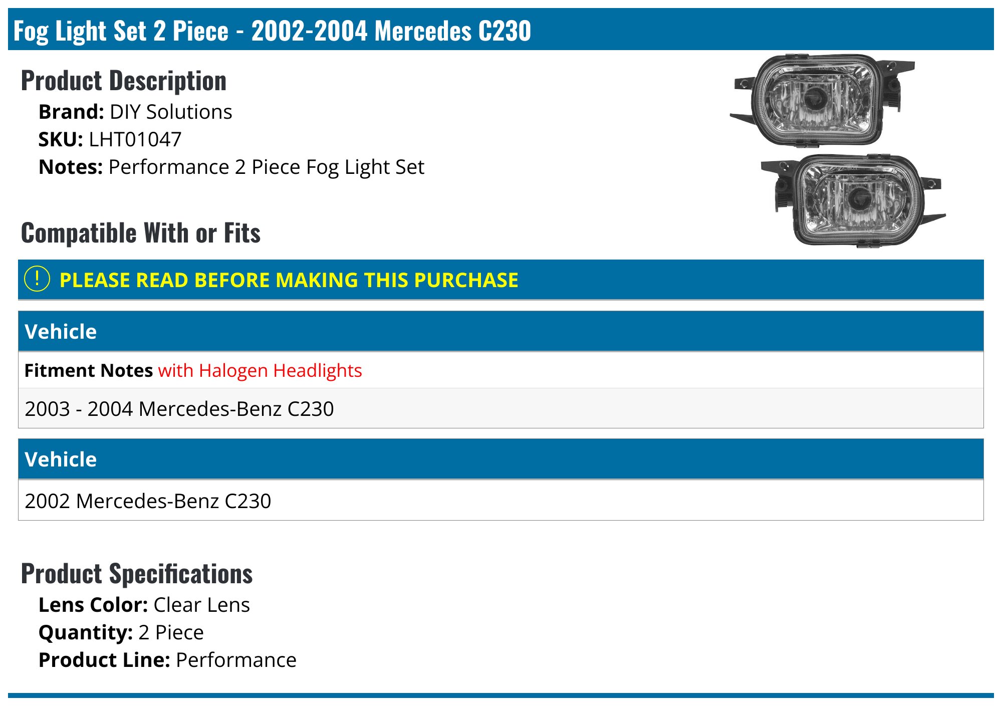 For Mercedes-Benz C230 2002-2007 6PCS Combo LED Headlight Fog