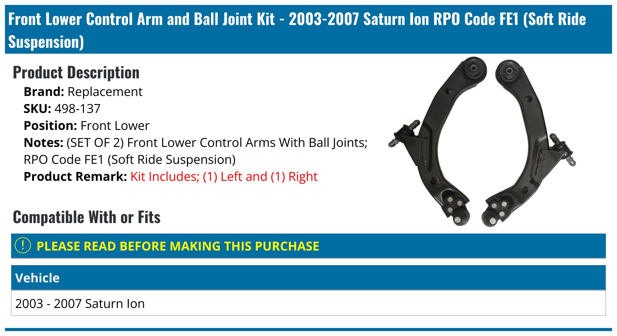 2003-2007 Saturn Ion Control Arm - Replacement 498-137 - Front Lower -  PartsGeek.com, image size:2000x1089