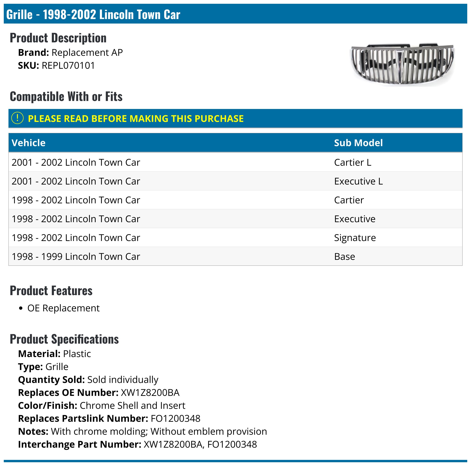 1999 Lincoln Town Car Replacement Bumpers & Components