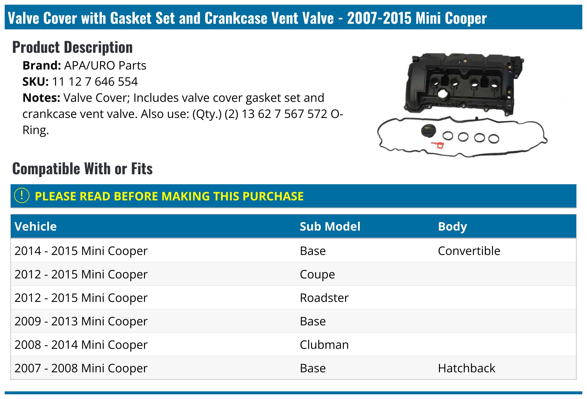 Valve Cover Gasket Kit – Fits 2007-2015 Mini Cooper 1.6L (Rubber, Direct Replacement)