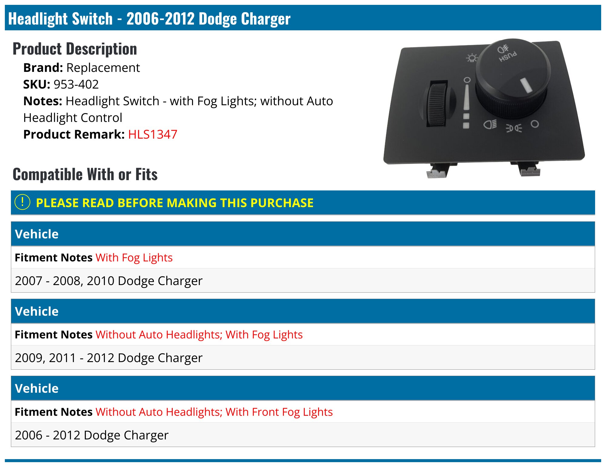 2006-2012 Dodge Charger Headlight Switch - Replacement 953-402