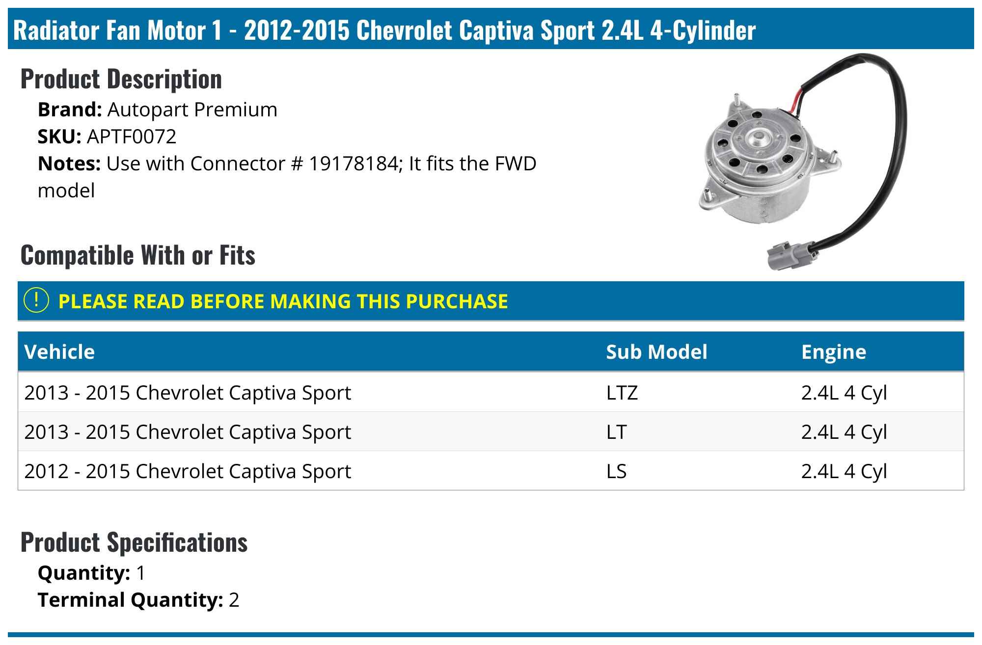 2012-2015 Chevrolet Captiva Sport Radiator Fan Motor - Autopart Premium ...