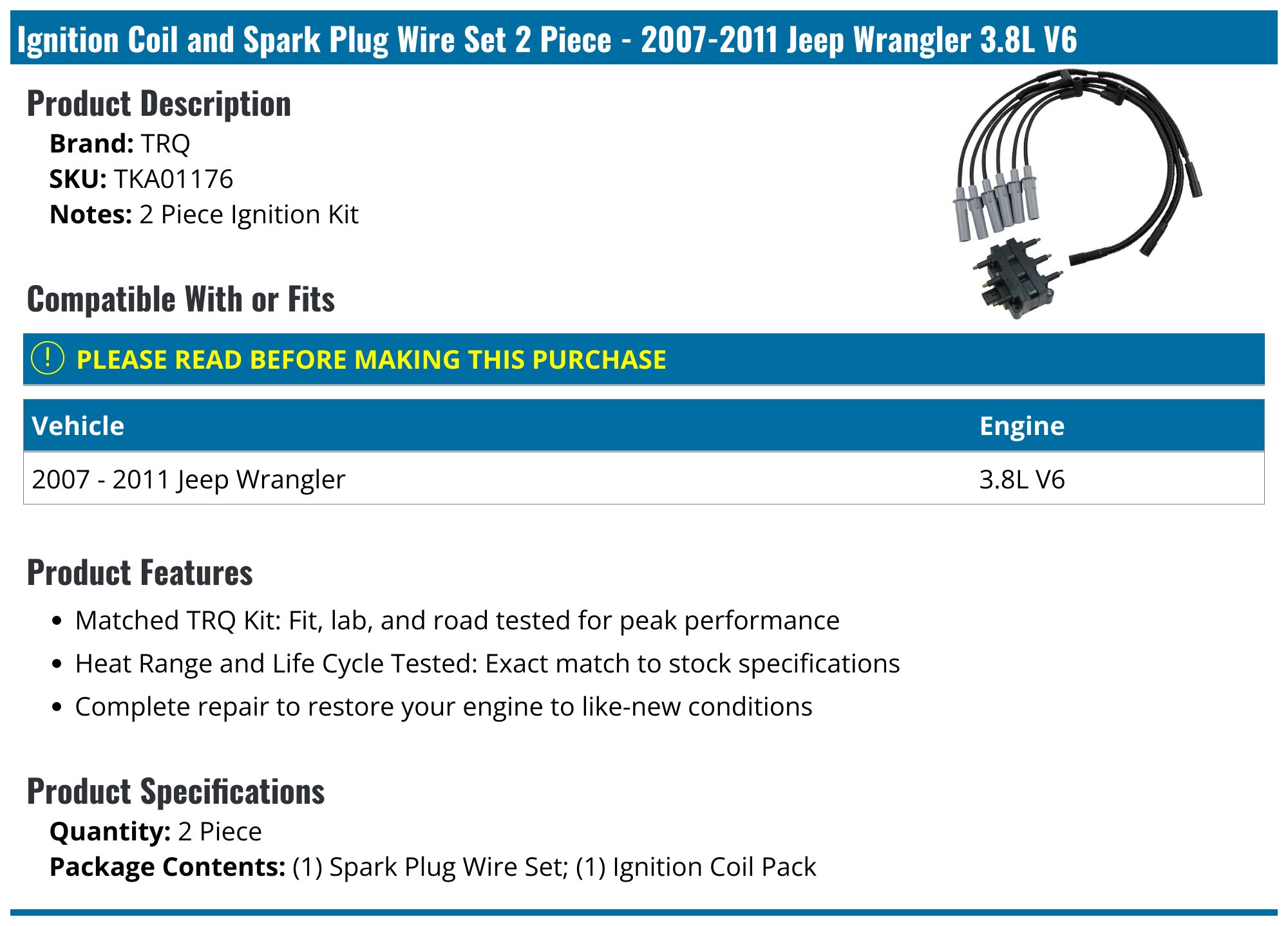 6X Spark Plugs + Wire Set & Coil Pack Kit For 2007-2011 Jeep Wrangler 3.8L V6 (Fits Many Chrysler/Dodge/VW Models)