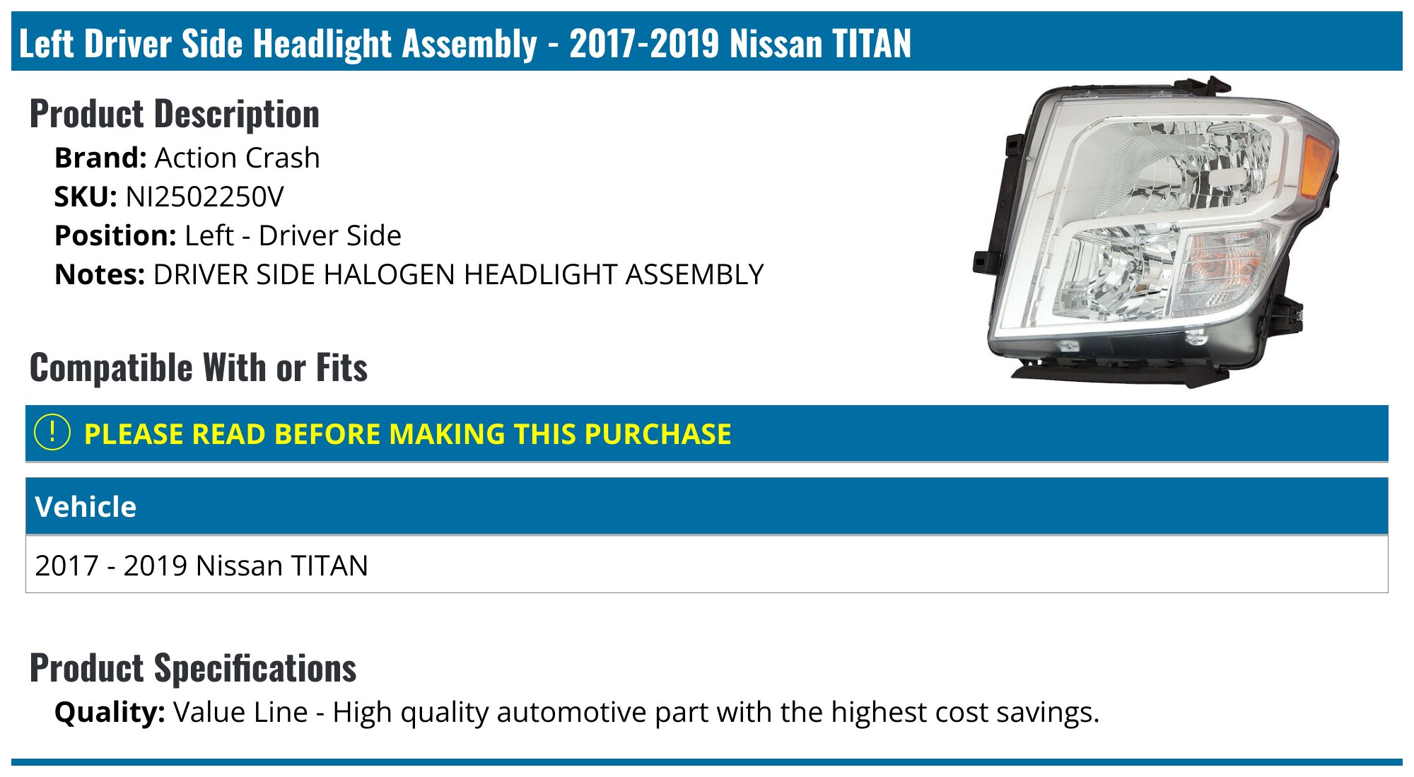 20172019 Nissan Titan Headlight Assembly Action Crash NI2502250V