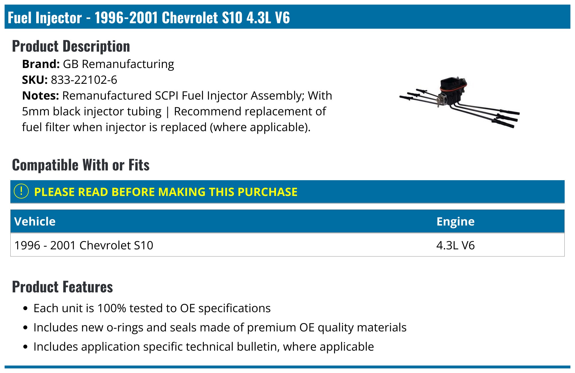 Ficuet Fuel Injectors For 2000-2004 Chevy S10 4.3L V6 – Set (FJ503 / FJ10565)