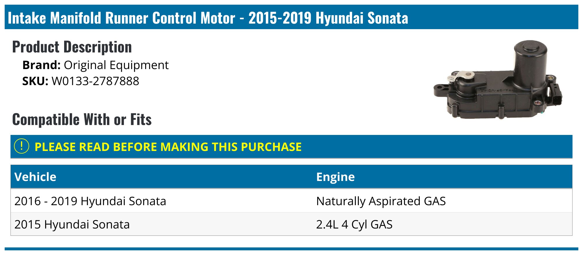 20152019 Hyundai Sonata Intake Manifold Runner Control Motor