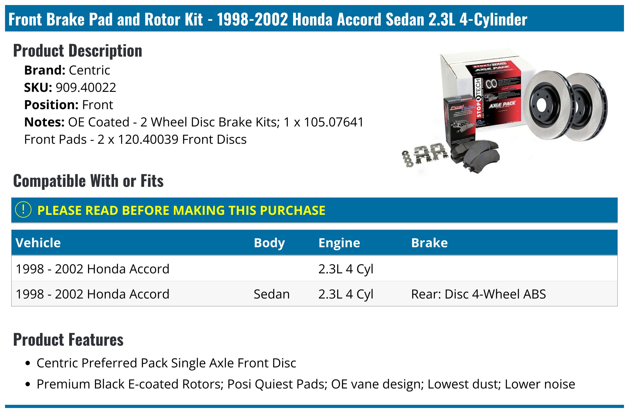 Evan-Fischer Front Brake Rotor & Pad Kit For 1998-2002 Honda Accord 2.3L – 4-Lug