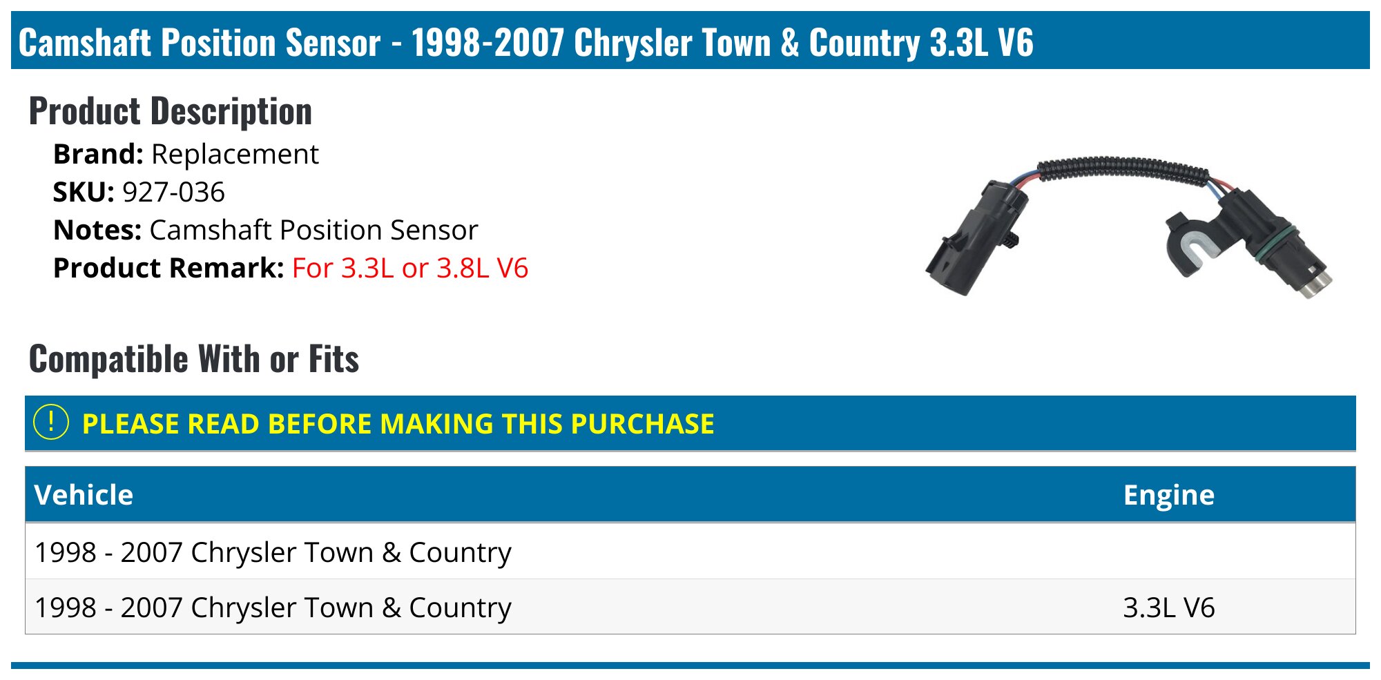 2008-2010 Chrysler Town & Country Camshaft Position Sensor - Replacement 927-049