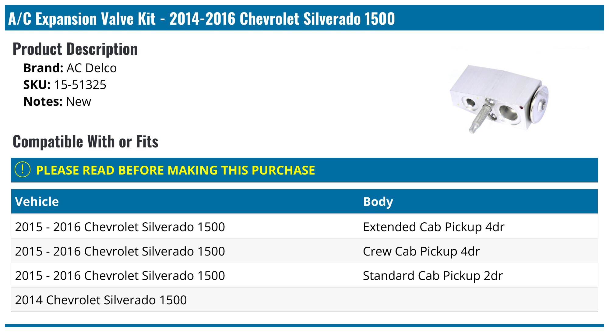 2014-2016 Chevrolet Silverado 1500 A/C Expansion Valve - AC Delco 15 ...