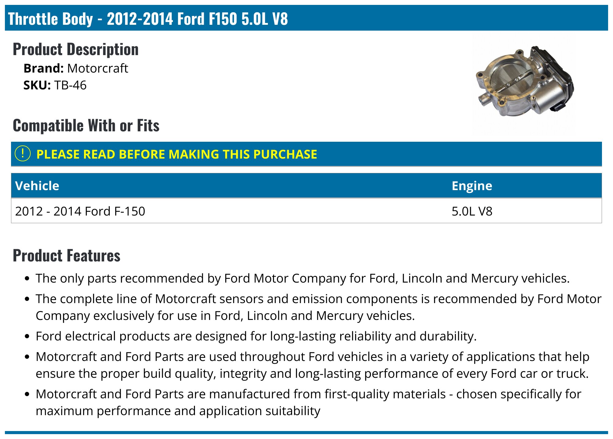 Throttle Body For Ford F-150 Mustang 5.0L 2011-2014 - Direct Replacement TB1148