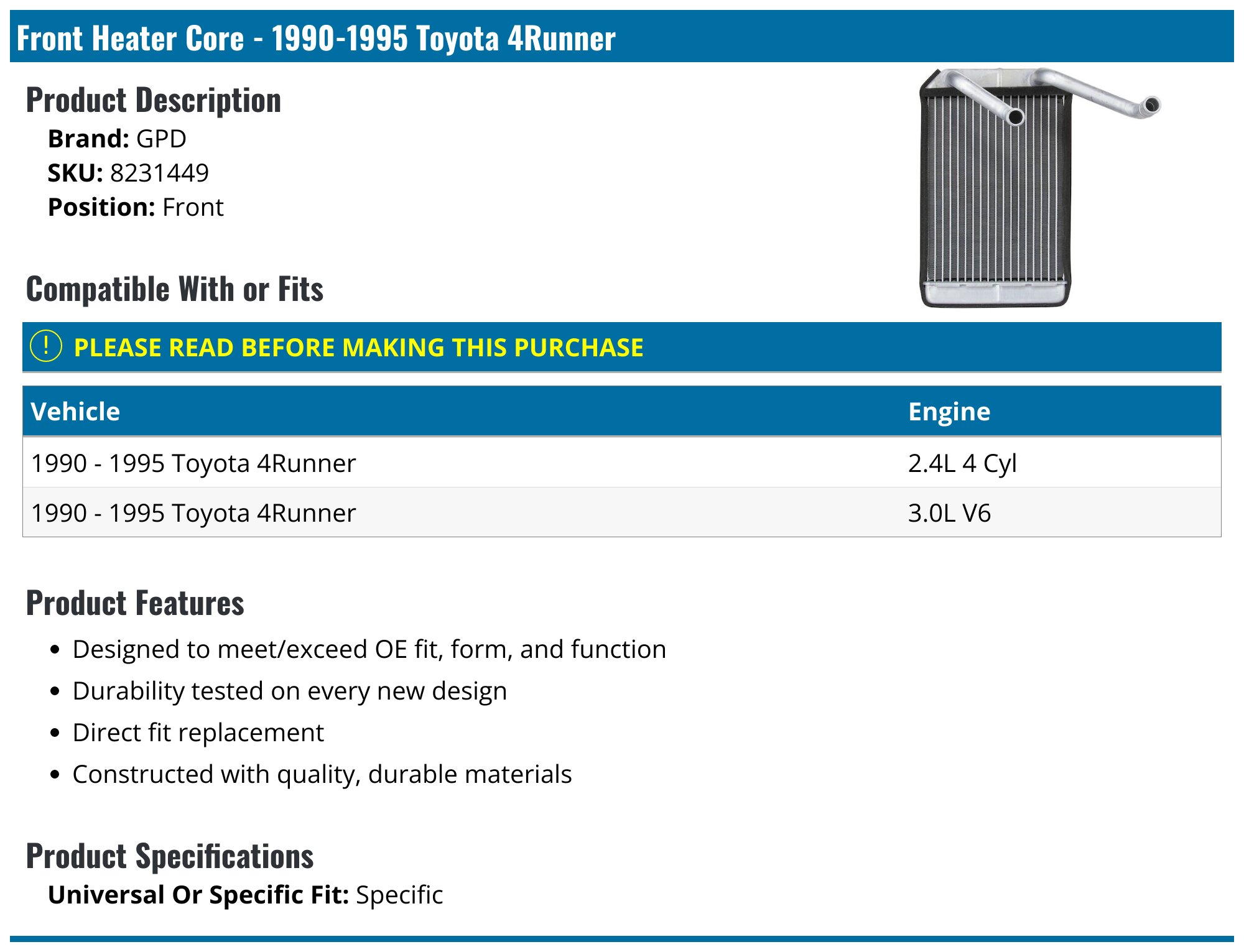 19901995 Toyota 4Runner Heater Core GPD 8231449 Front