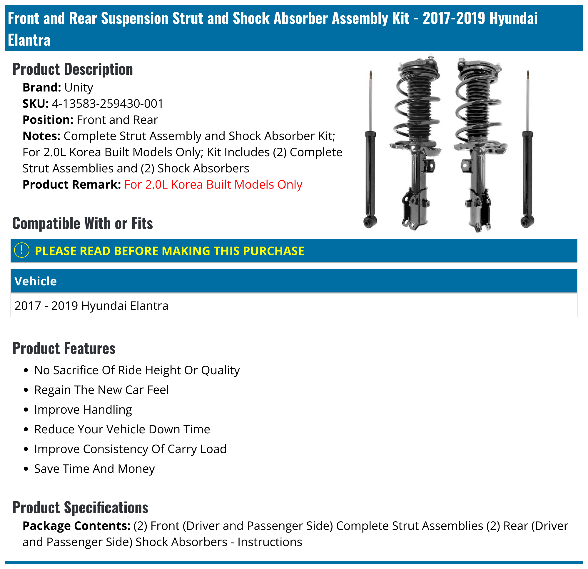 20172020 Hyundai Elantra Strut Assembly Unity 413583259430001