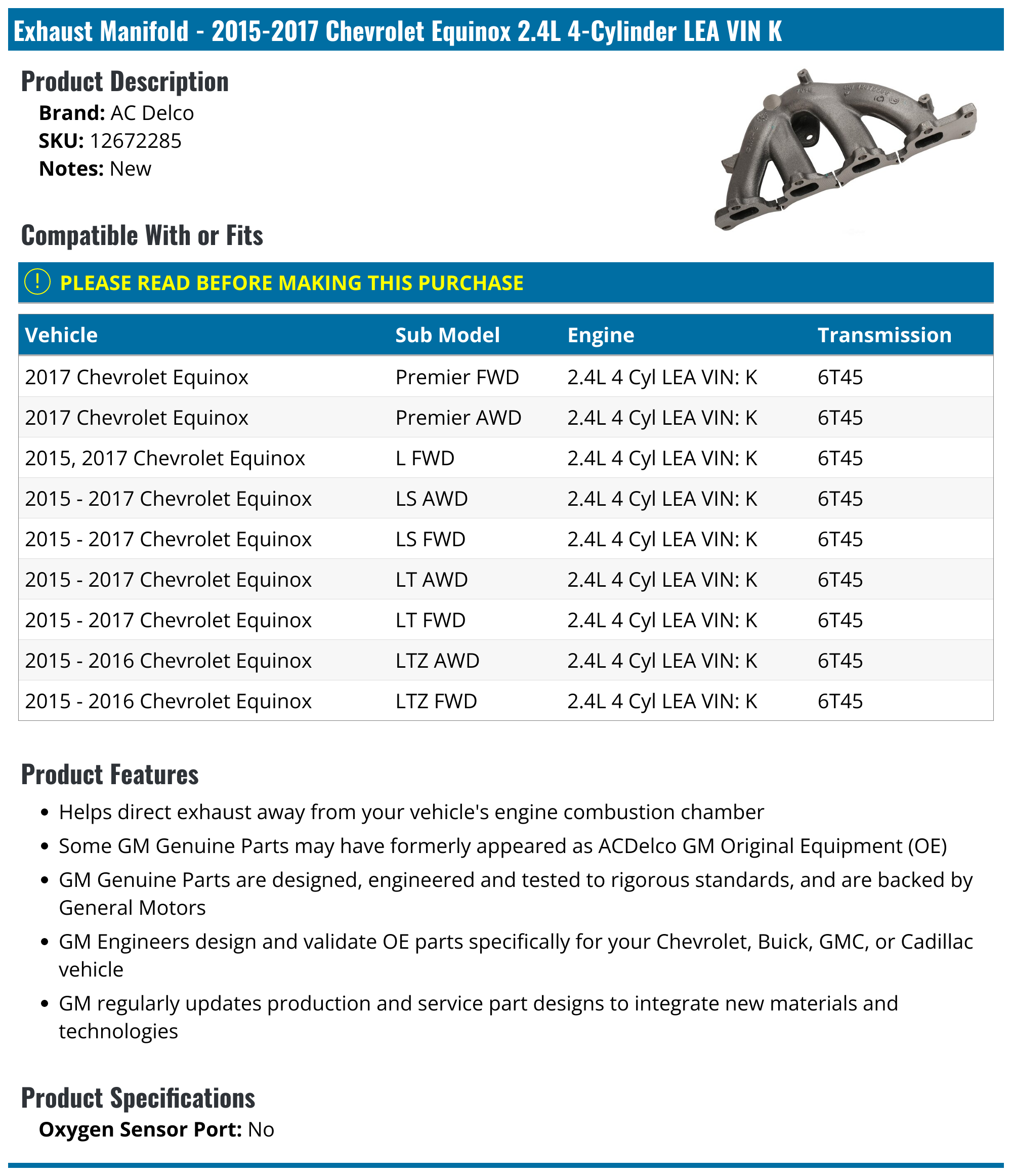 20152017 Chevrolet Equinox Exhaust Manifold AC Delco 12672285