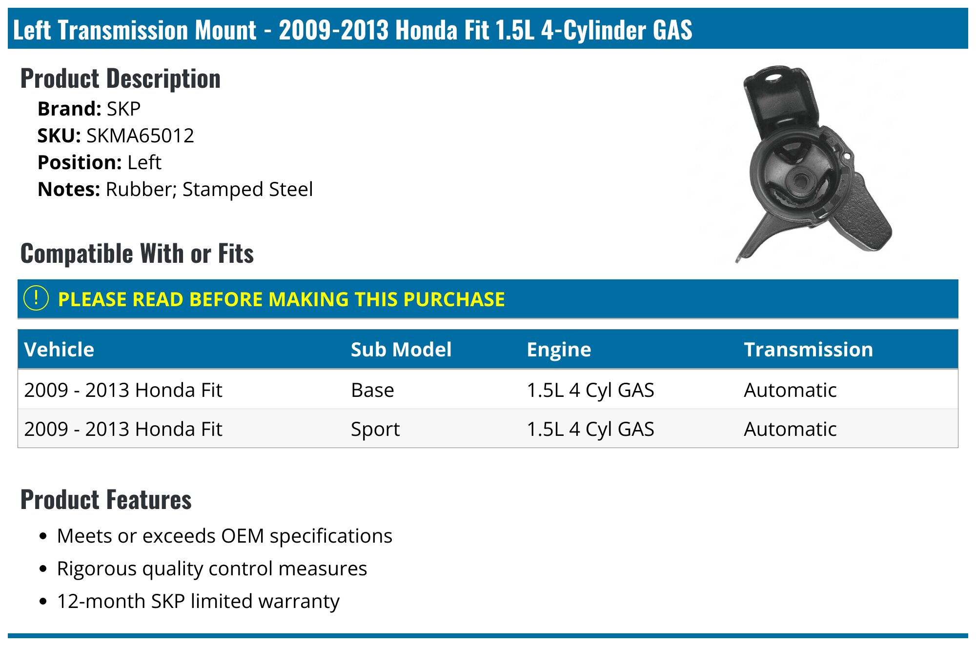 20092013 Honda Fit Transmission Mount SKP SKMA65012 Left