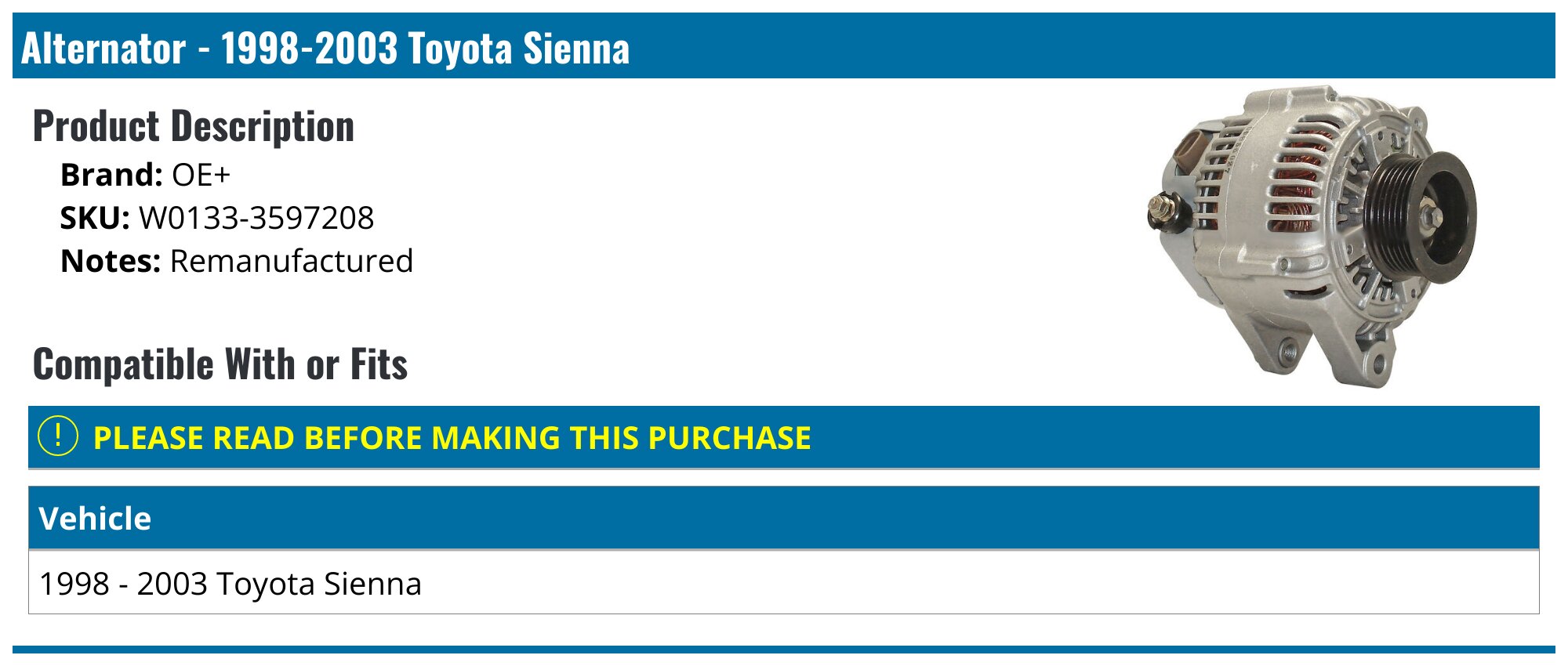 ALTERNATOR 11032 Reman Fits LEXUS RX330 TOYOTA SIENNA HIGHLANDER 3.3L 2004-2007