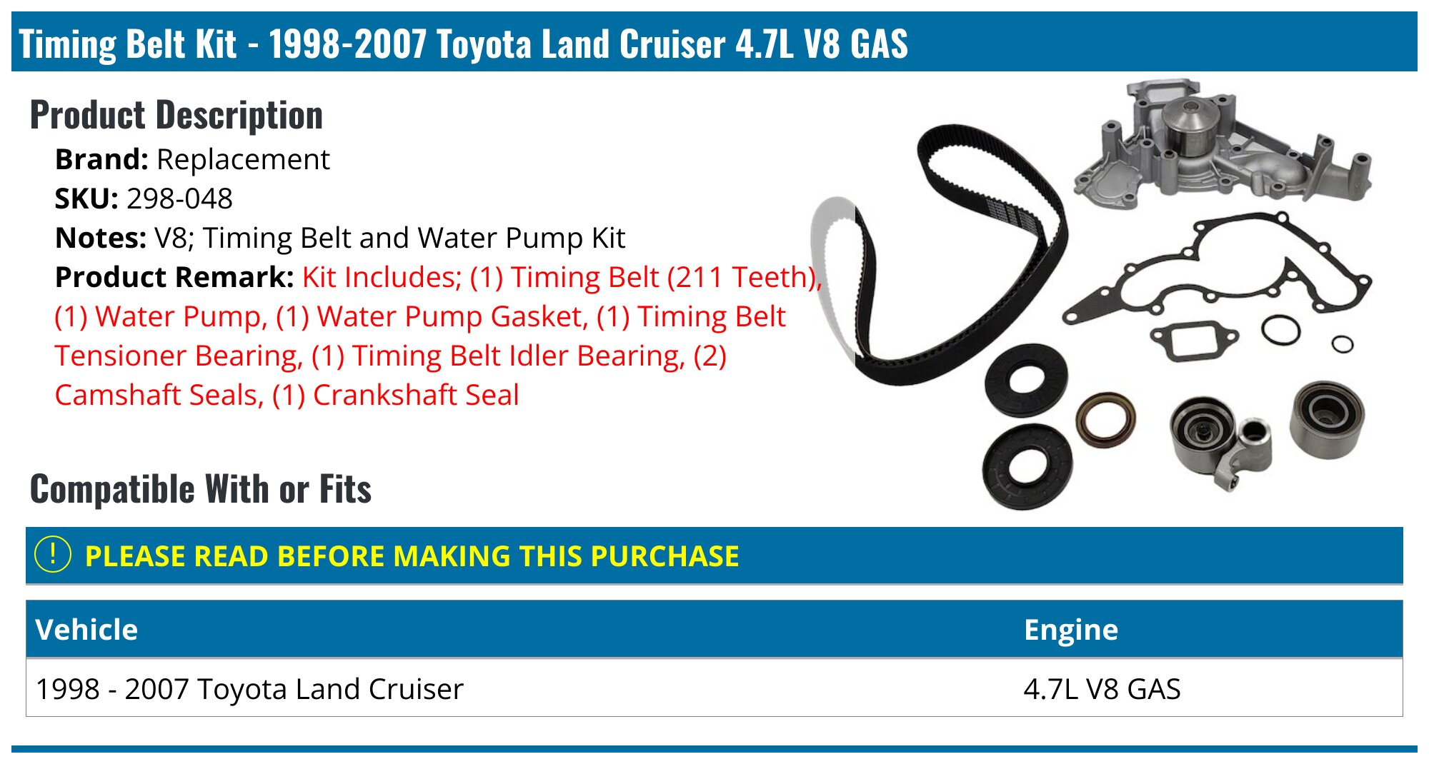 1998-2007 Toyota Land Cruiser Timing Belt Replacement 298-048