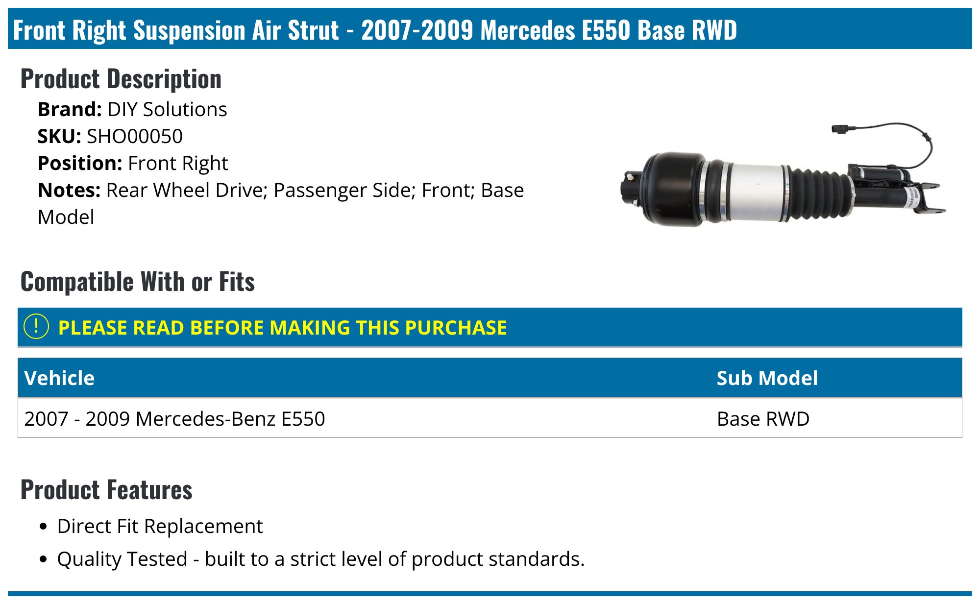 2007-2009 Mercedes E550 Suspension Air Strut - DIY Solutions SHO00050 ...