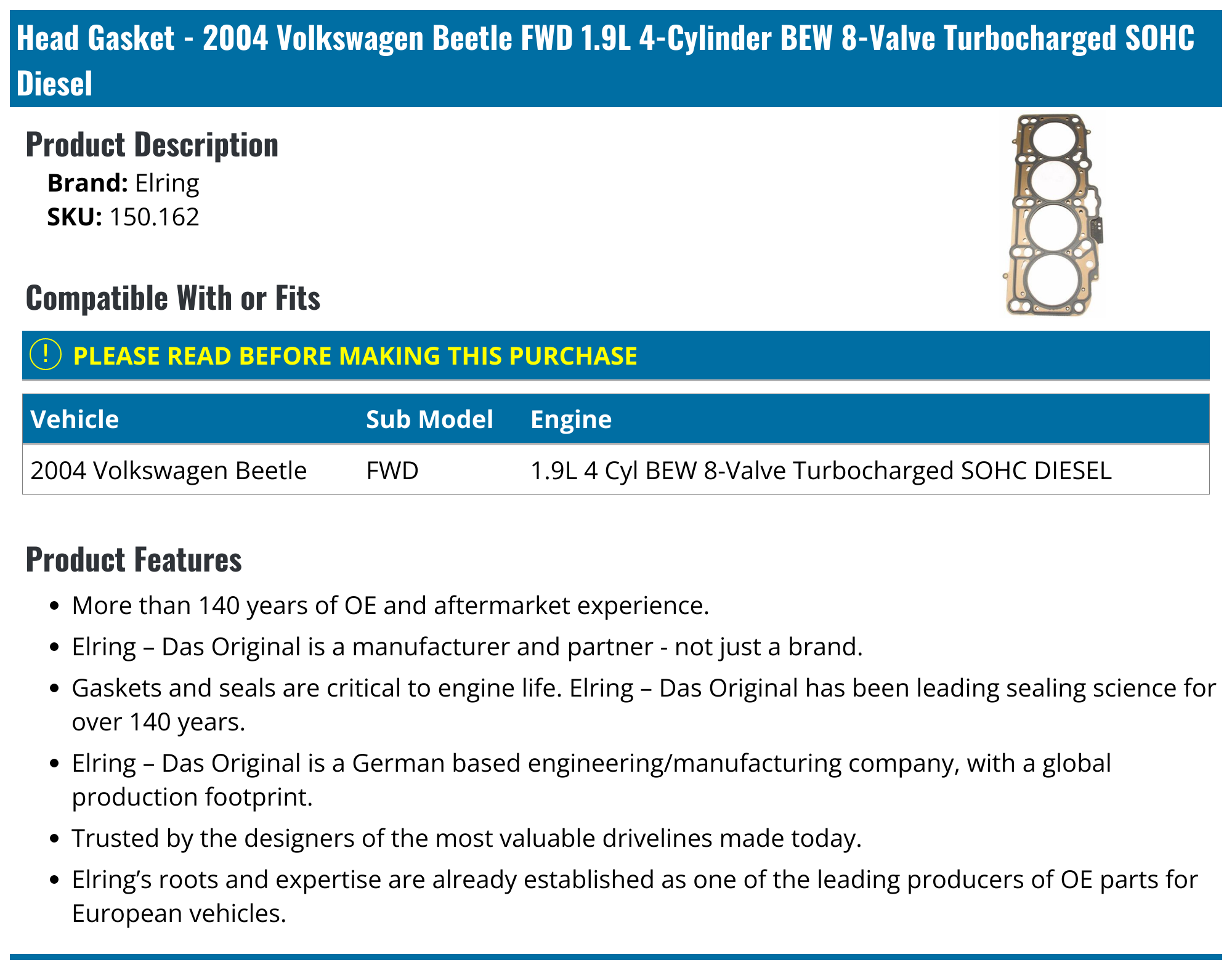 2004 Volkswagen Beetle Head Gasket Elring 150.162