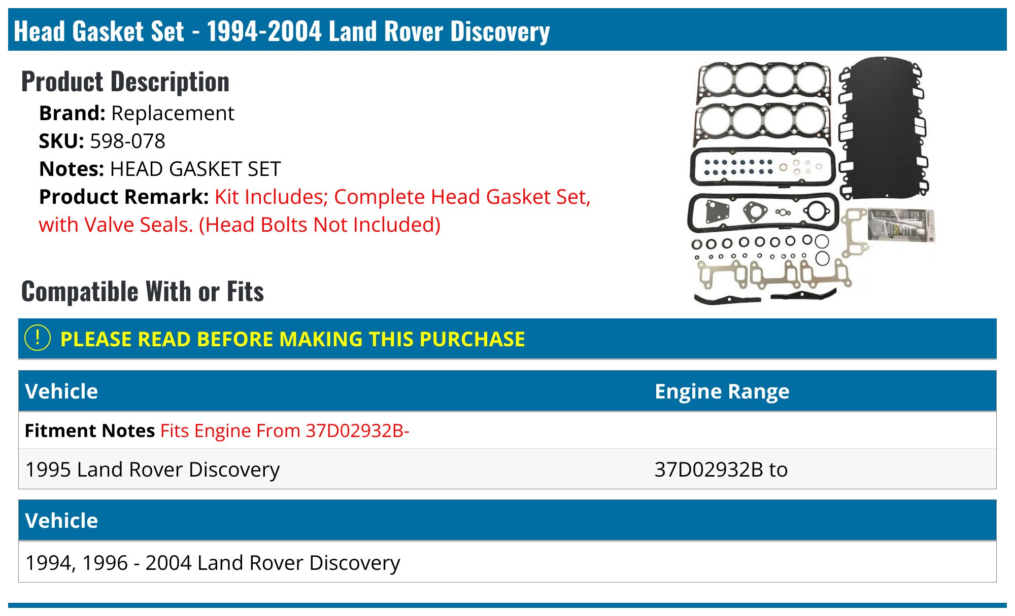 19942004 Land Rover Discovery Head Gasket Replacement 598078