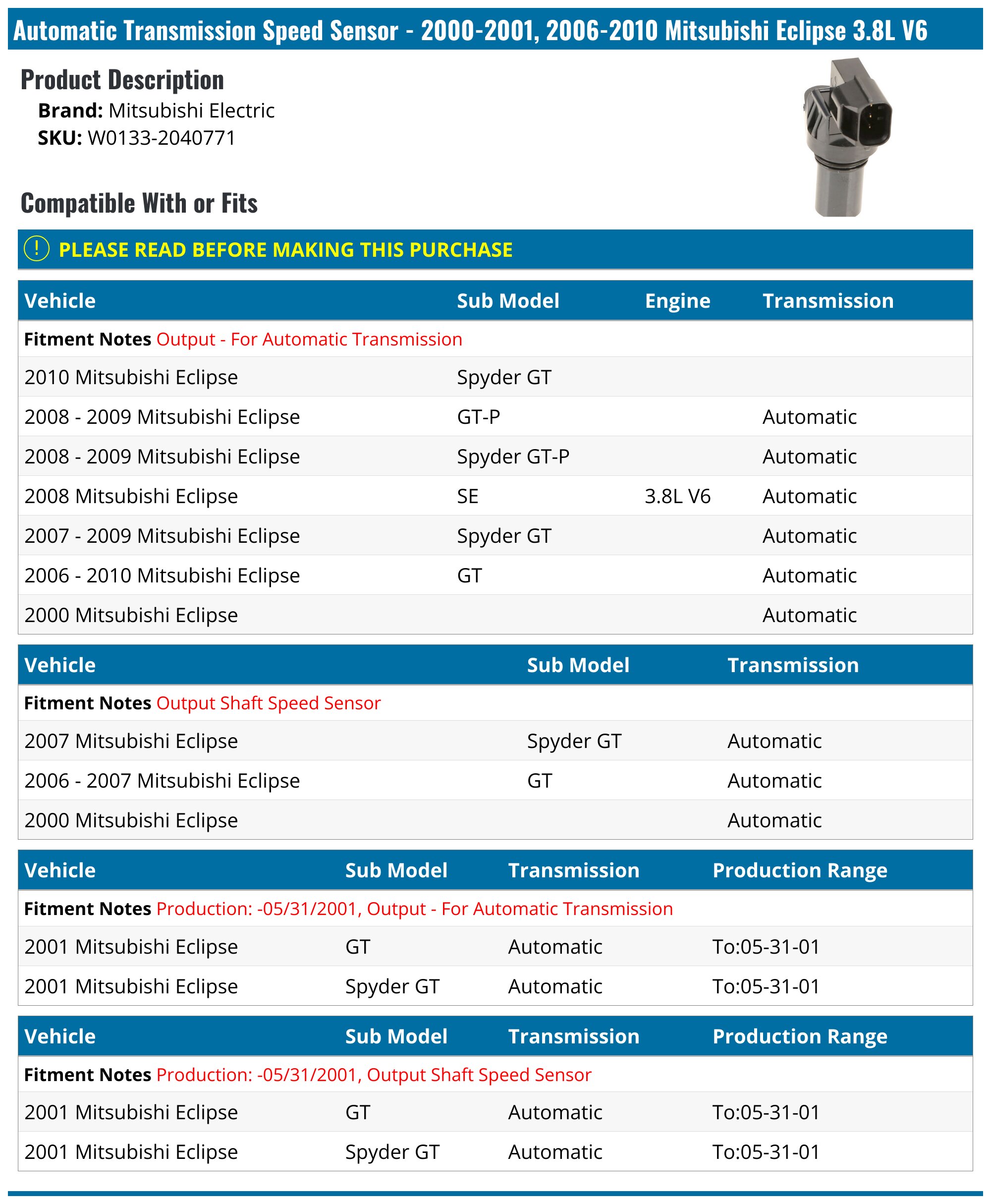 2-Piece Transmission Speed Sensor For Mitsubishi Outlander 2006-2014