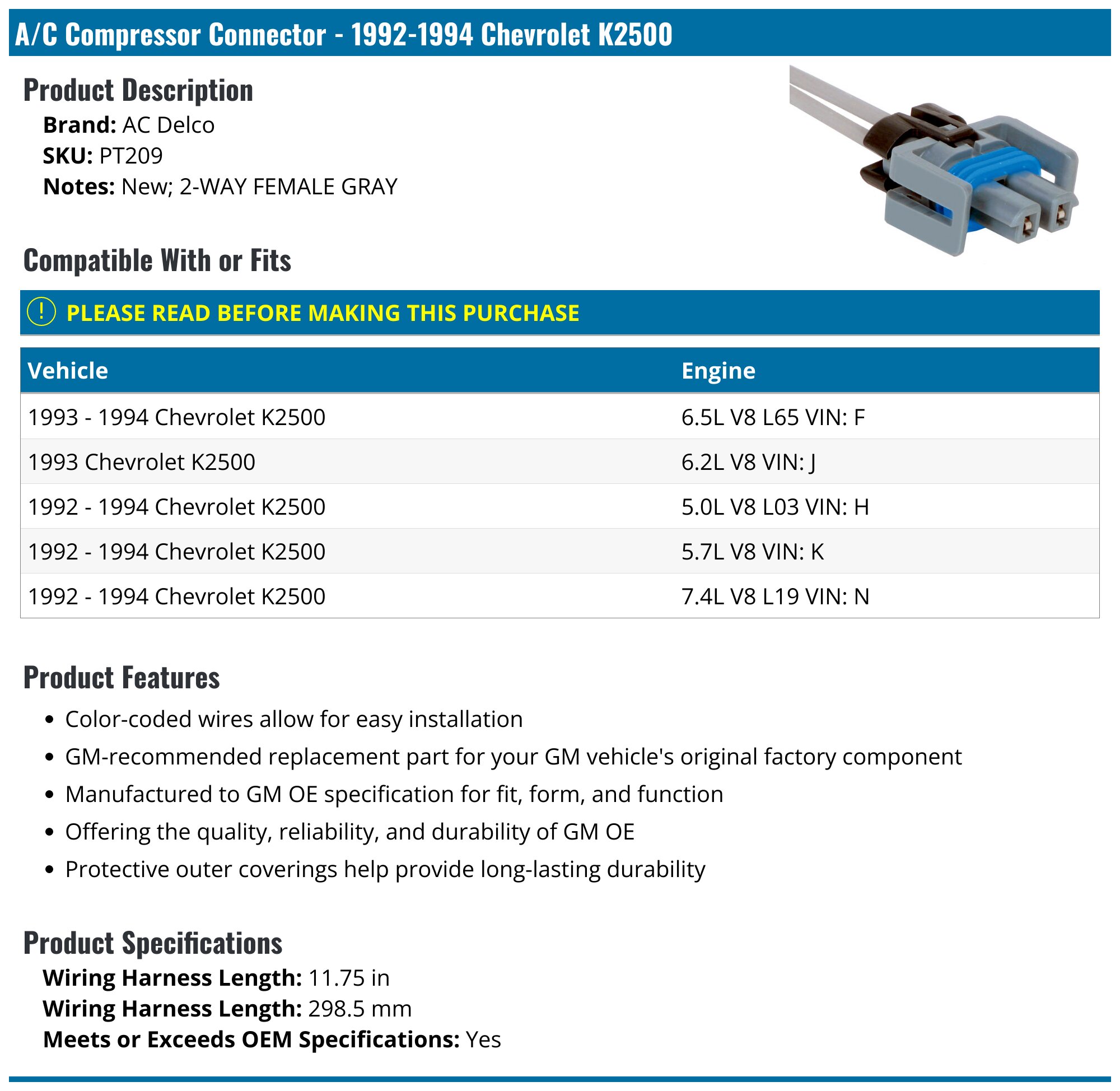 1992-1994 Chevrolet K2500 A/C Compressor Connector - AC Delco PT209 ...