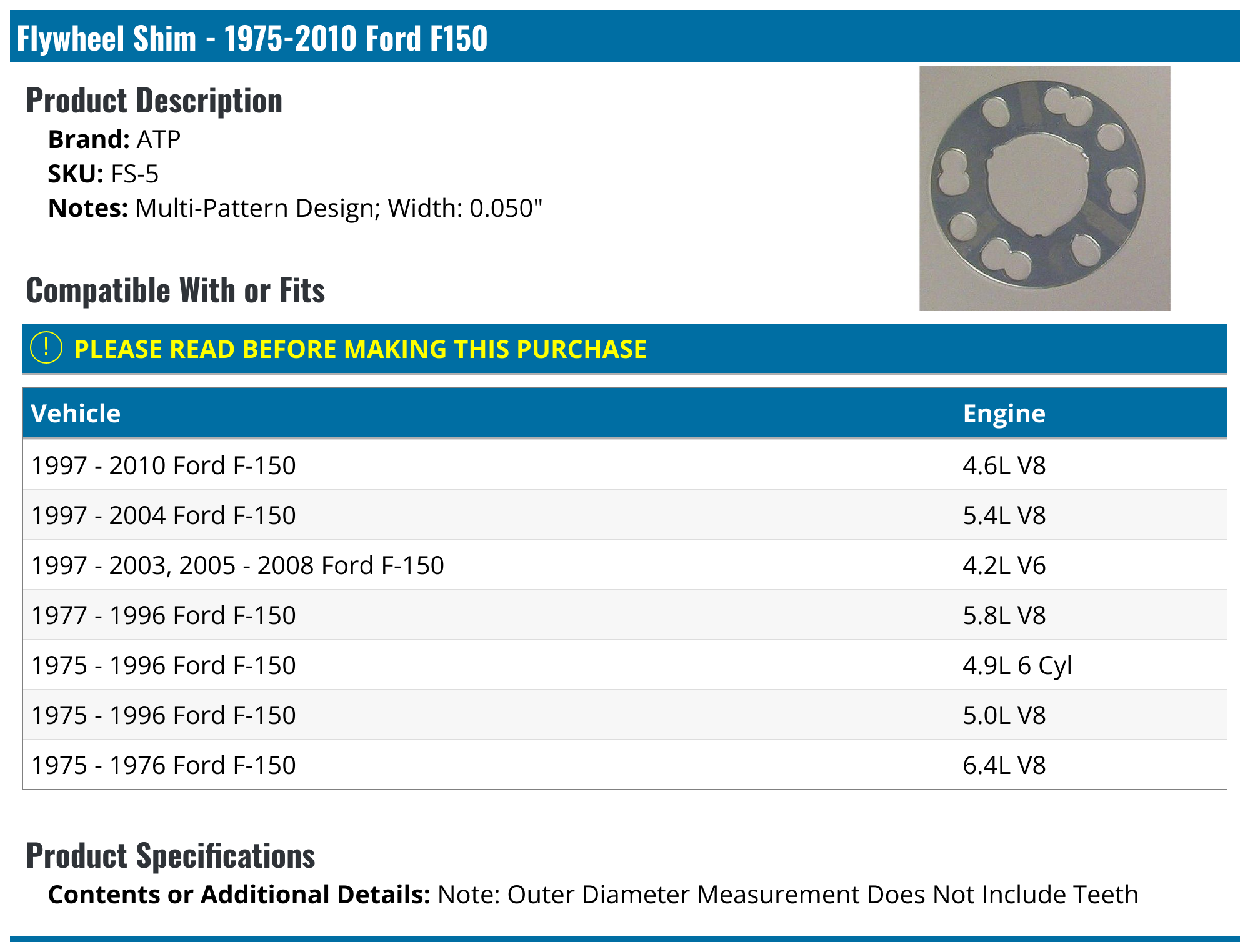 19752010 Ford F150 Flywheel Shim ATP FS5