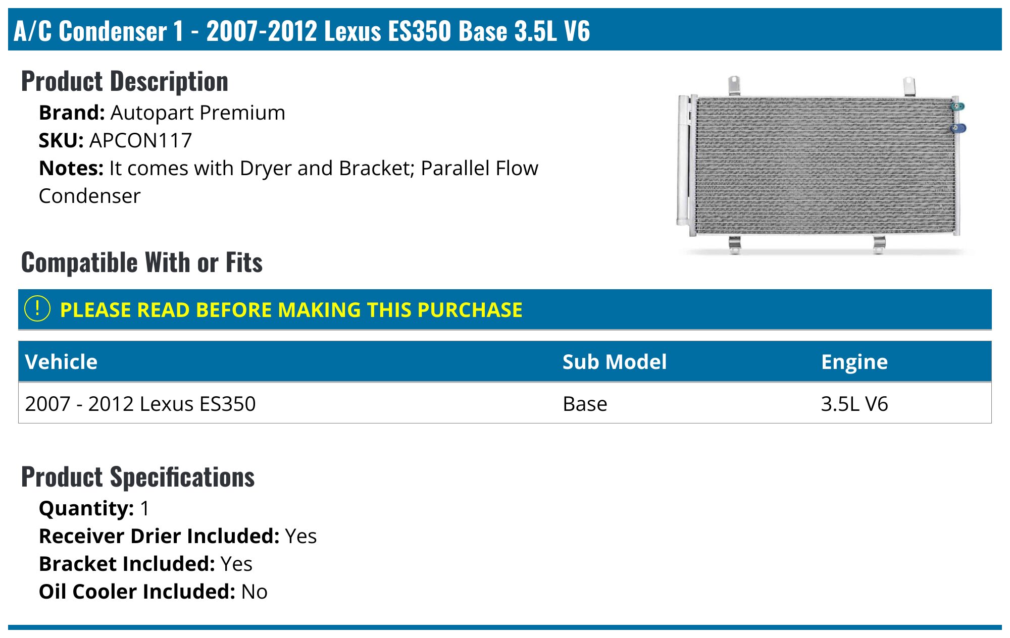 AM Autoparts A/C Condenser With Receiver Drier For Lexus IS250 / IS350 (2014-2015) – 8846053080