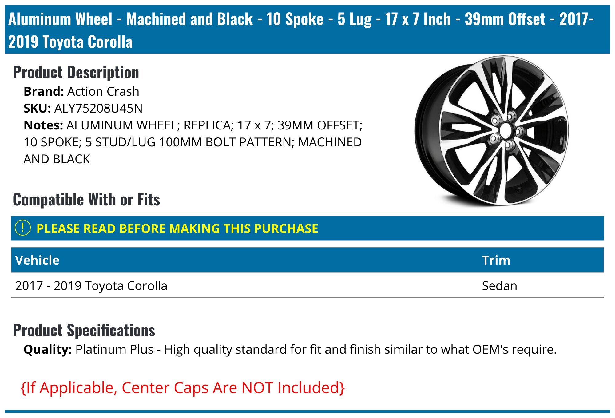 17 Inch Replacement Wheel For Toyota Corolla 2017-2019 – Black Aluminum Alloy, 5x100 Bolt Pattern, 54.1mm Hub Bore, 39mm Offset