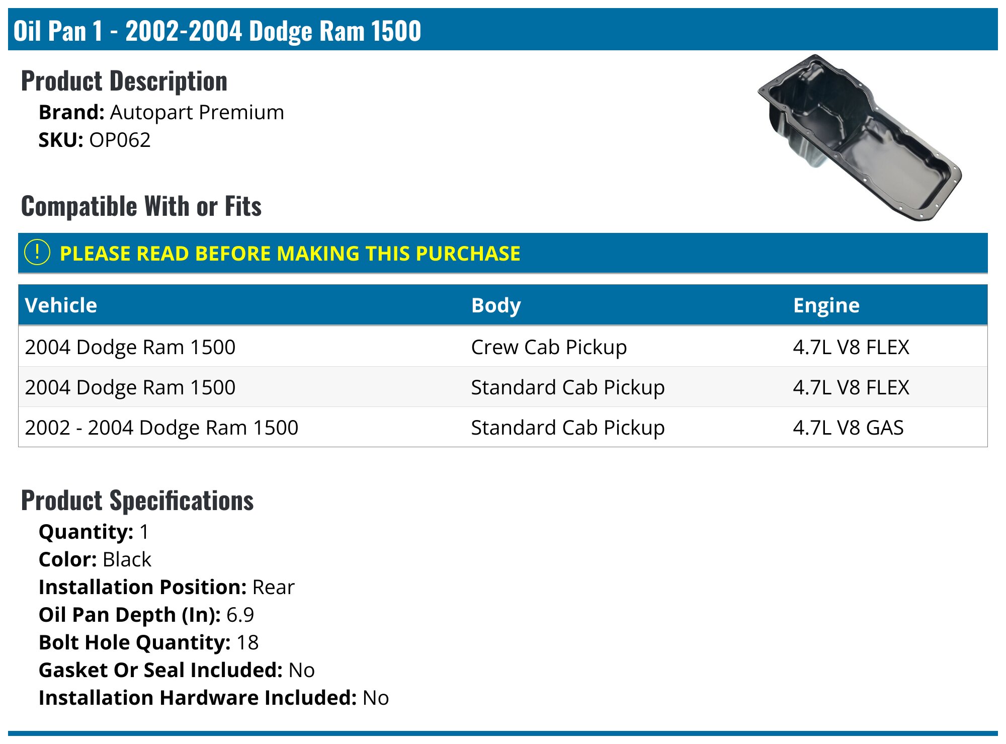 Steel Oil Pan Compatible With Dodge Ram 2500 Base 6 Cyl 5.9L Ram 3500 Base 6 Cyl 5.9L 1994-2001