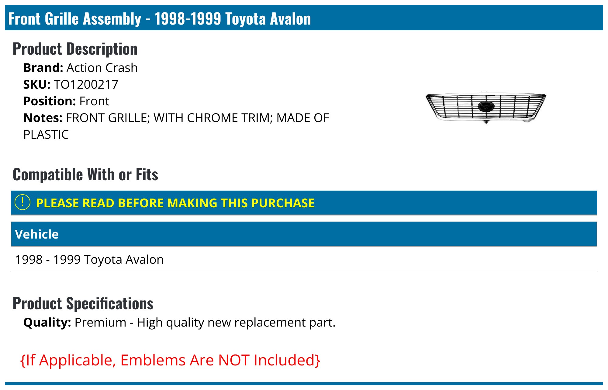 For 2000 2001 2002 Toyota Avalon Grille Assembly 48936VM