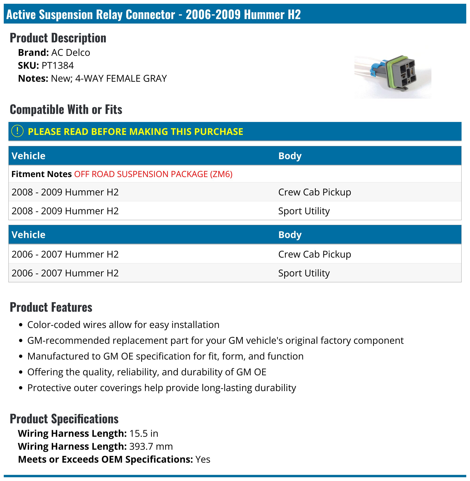 thumbnail image 2 of Genuine GM Rear Bumper Light Plug Connector For Hummer H2 (2005-2009) - AC Delco 75237FC, R531NC 2 of 4