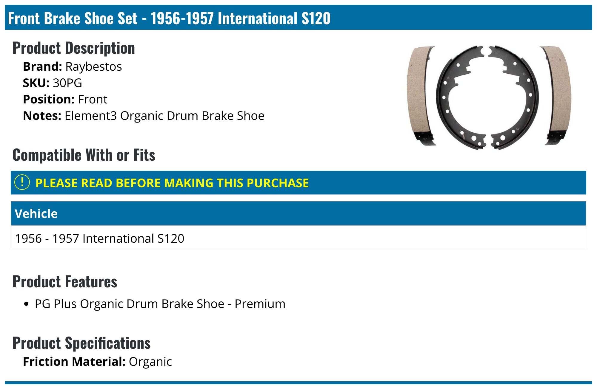 1956-1957 International S120 Brake Shoe Set - Raybestos 30PG - Front ...