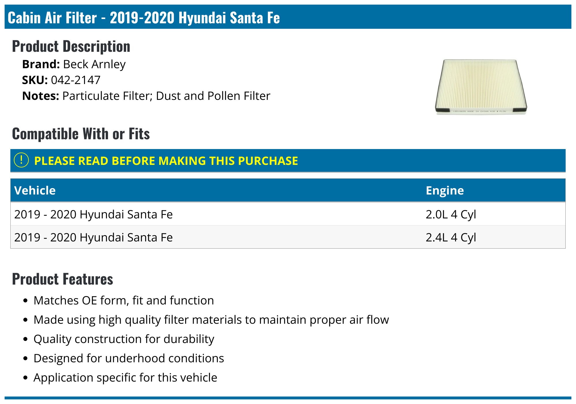 20192020 Hyundai Santa Fe Cabin Air Filter Beck Arnley 0422147