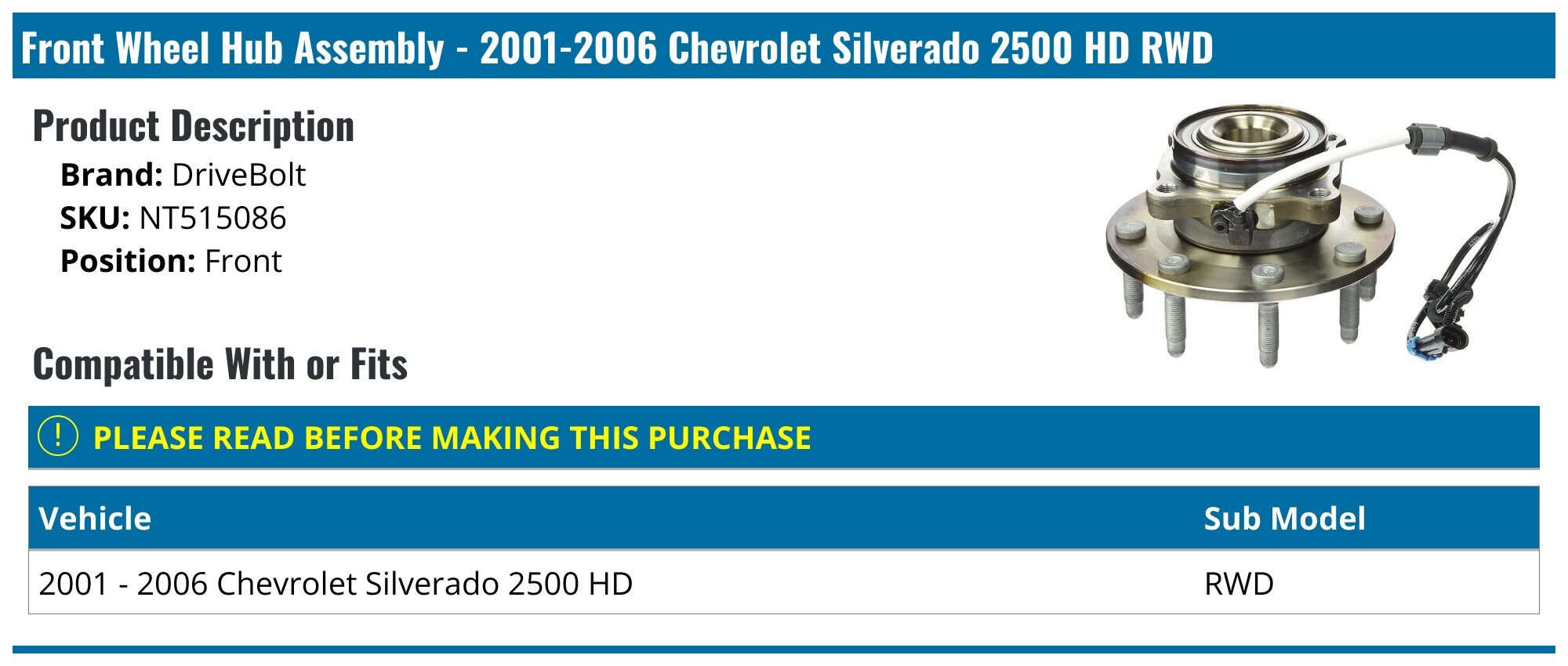 Front Wheel Hub Bearing Assembly Fits 2001 - 2006 Chevy Silverado 1500 HD 2PCS