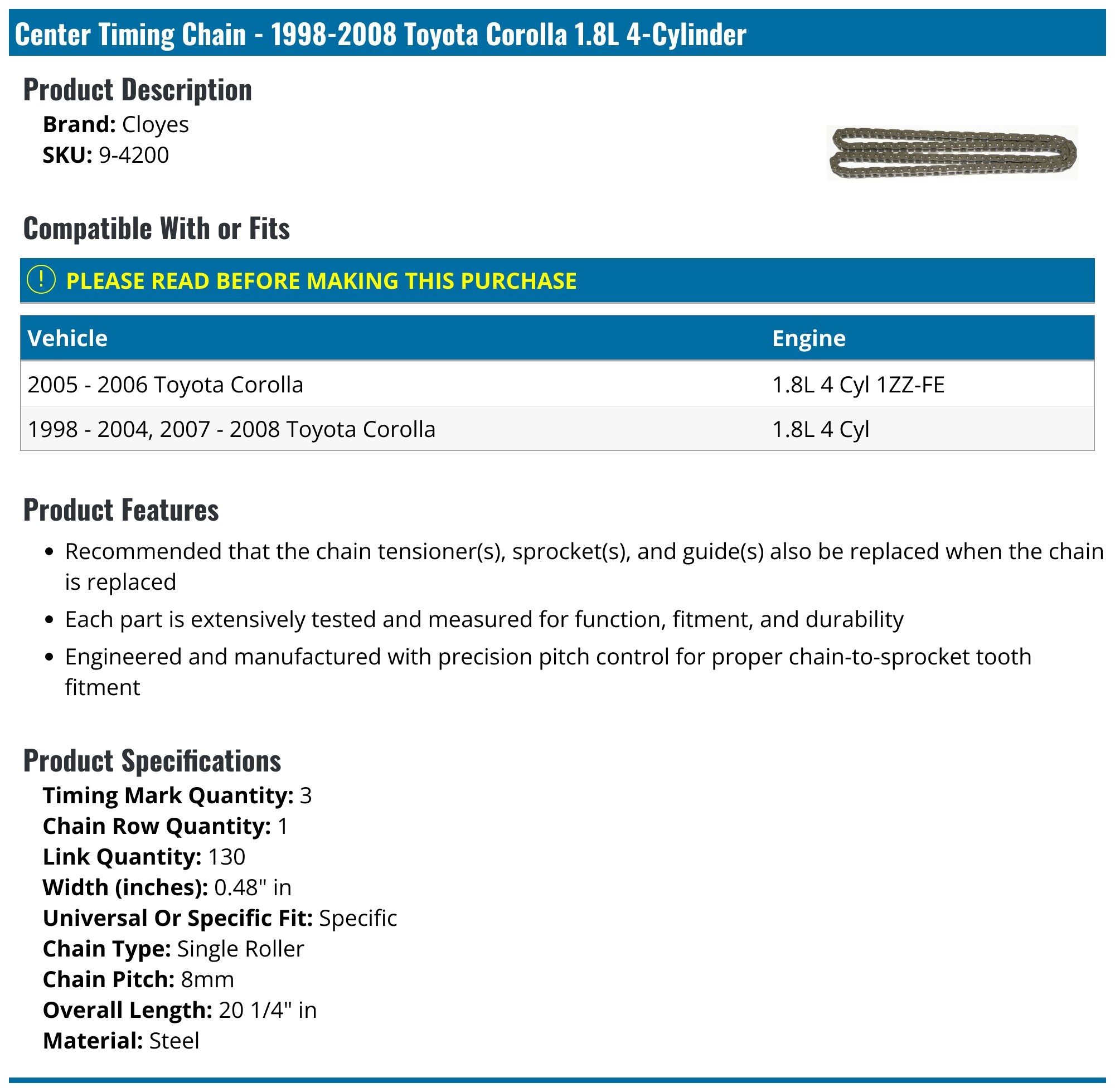 1998-2008 Toyota Corolla Timing Chain Cloyes 9-4200