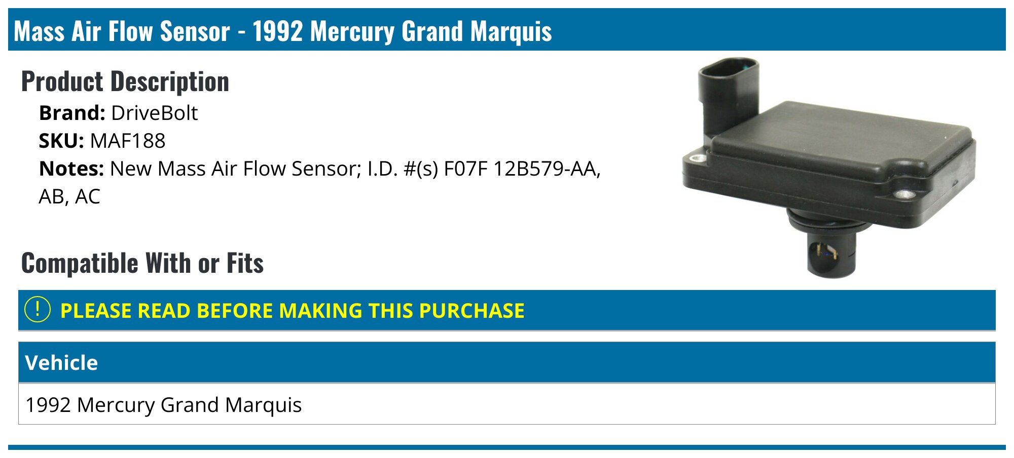 thumbnail image 2 of Berliii Mass Air Flow Sensor AFH70-11 For Mercury Grand Marquis LS/GS Sedan 4-Door - New 2 of 5