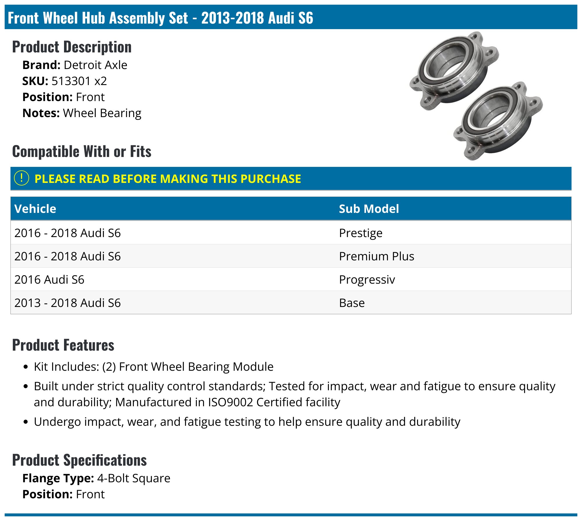 2013-2018 Audi S6 Wheel Hub Assembly - Detroit Axle 513301 x2 - Front ...