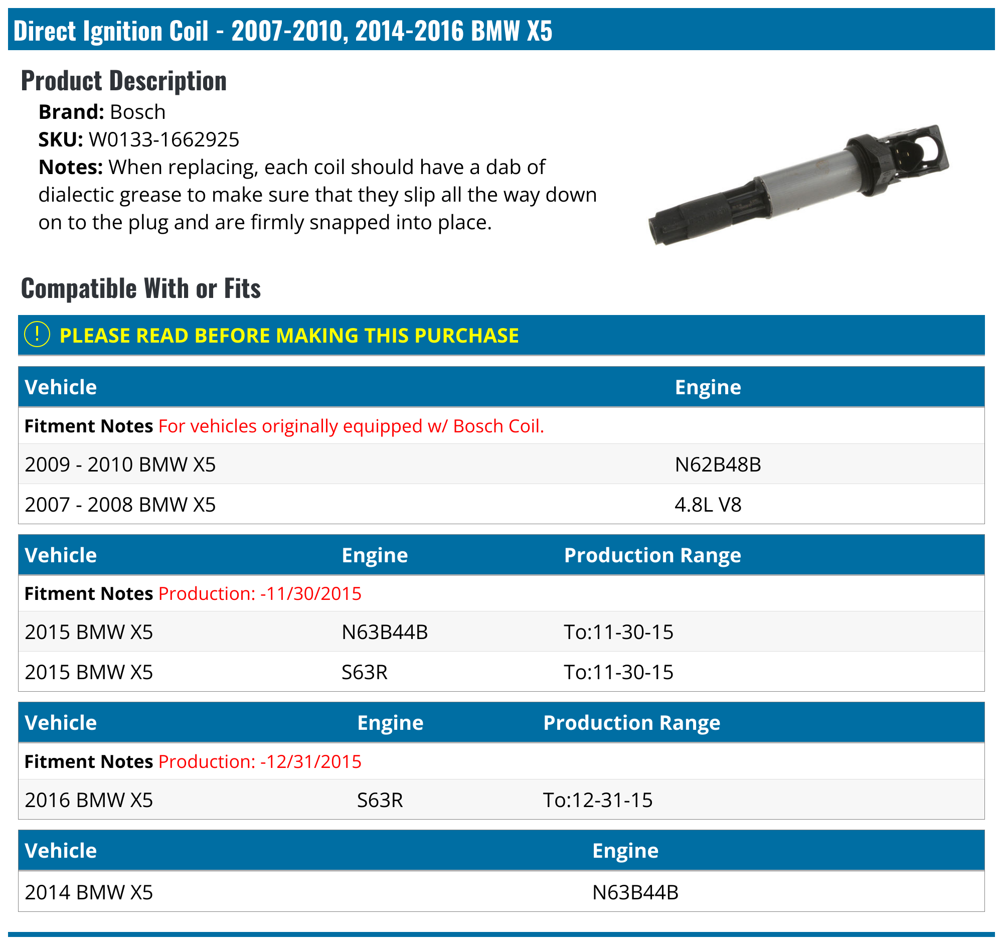 20072010, 20142016 BMW X5 Ignition Coil Bosch W01331662925