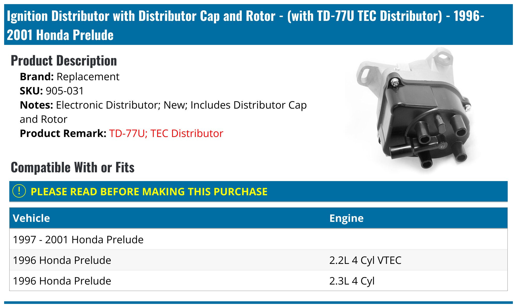 New Complete Ignition Distributor TD89U For Honda Prelude Type S (1997-2001) – 1st Class Auto Parts