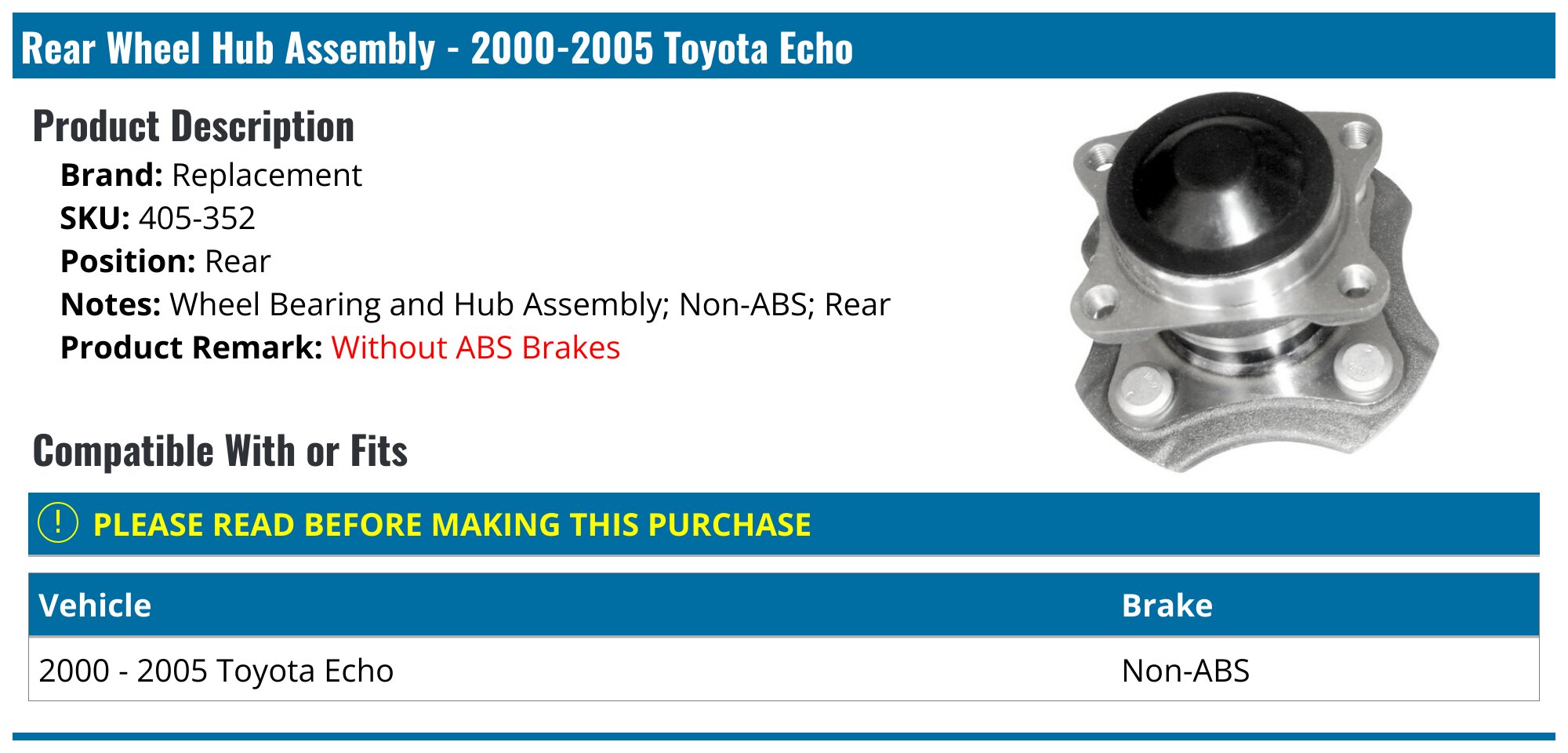 Rear Wheel Bearing and Hub Assembly Replacement for Toyota Echo 1.5L