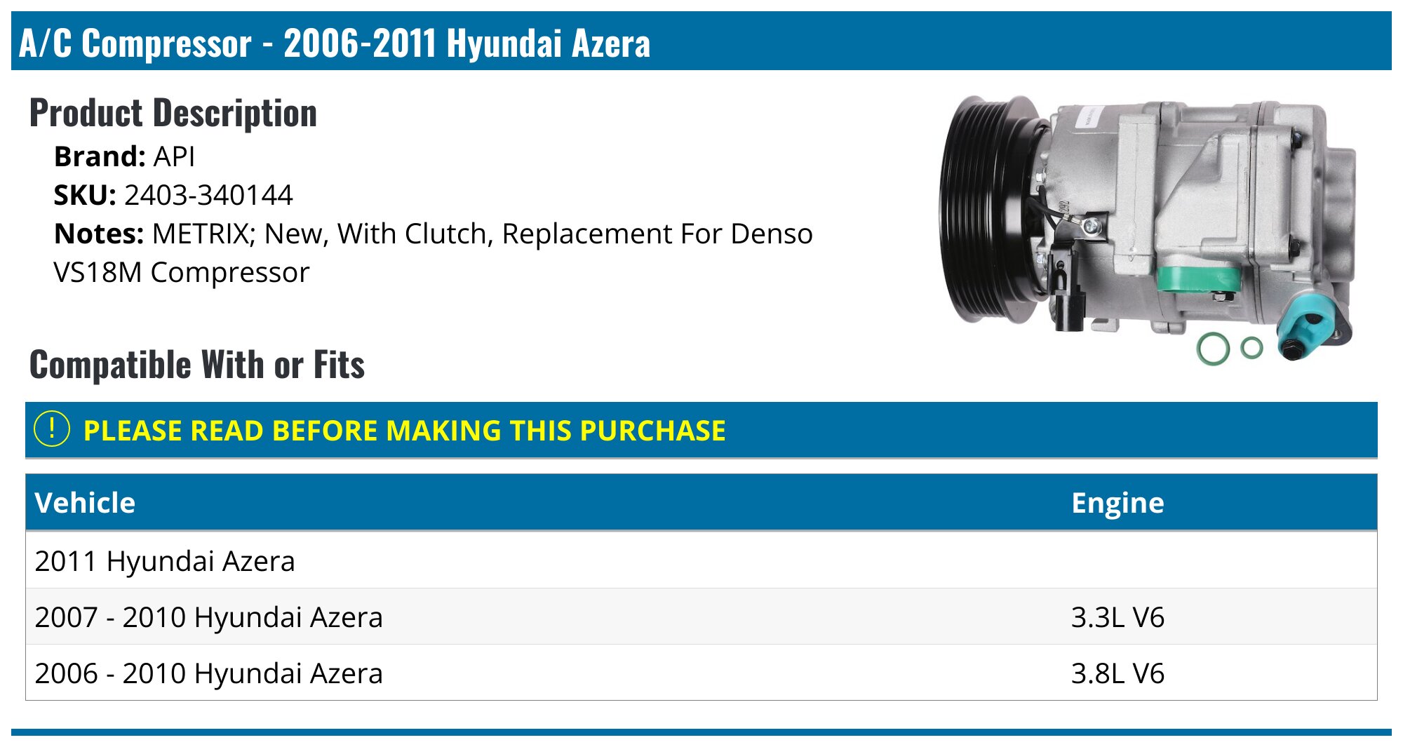 2006-2011 Hyundai Azera A/C Compressor - API 18951-02743980 - PartsGeek.com