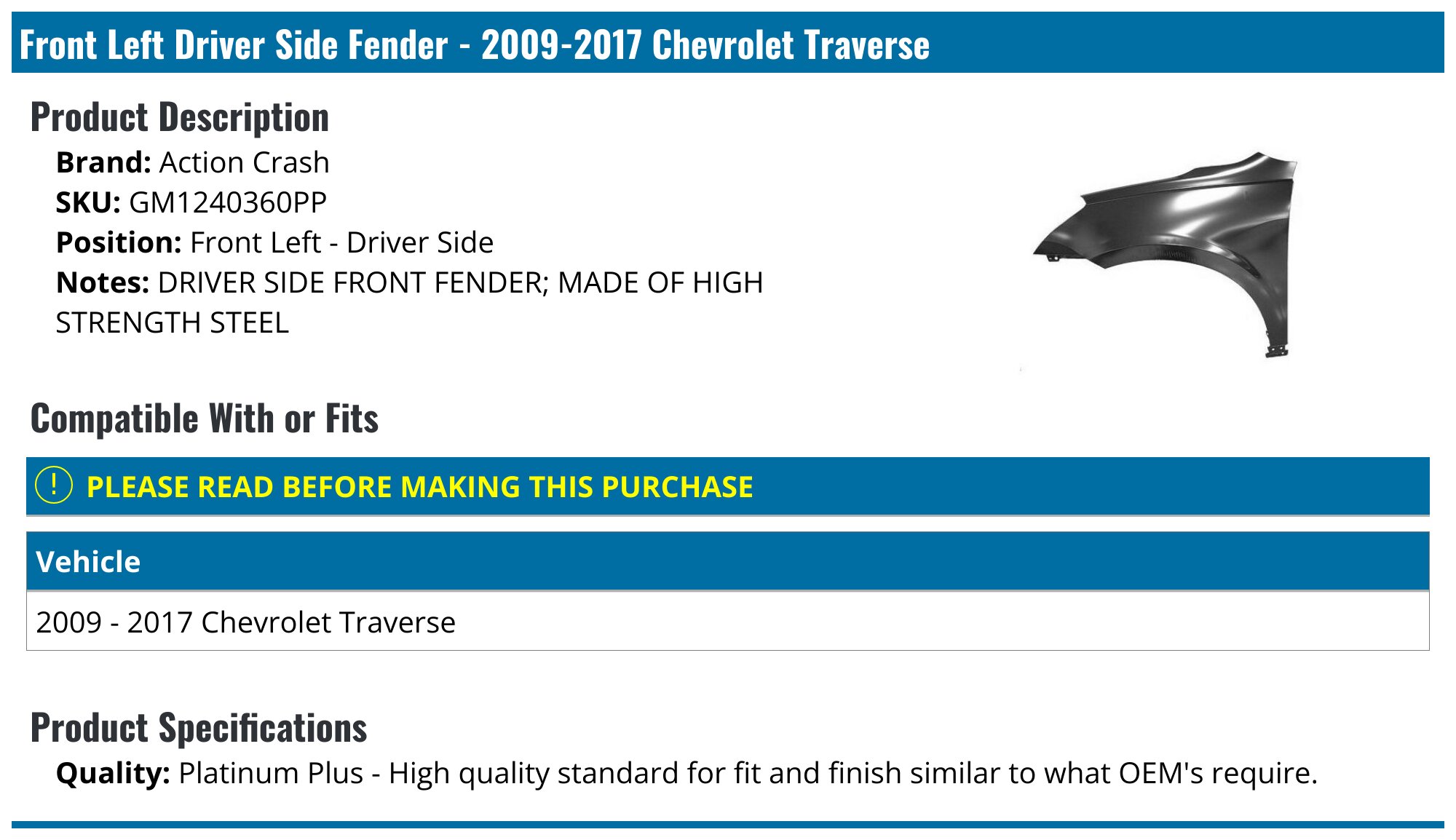 Front Driver & Passenger Side Fender Liner Set For 2018-2021 Chevrolet Traverse