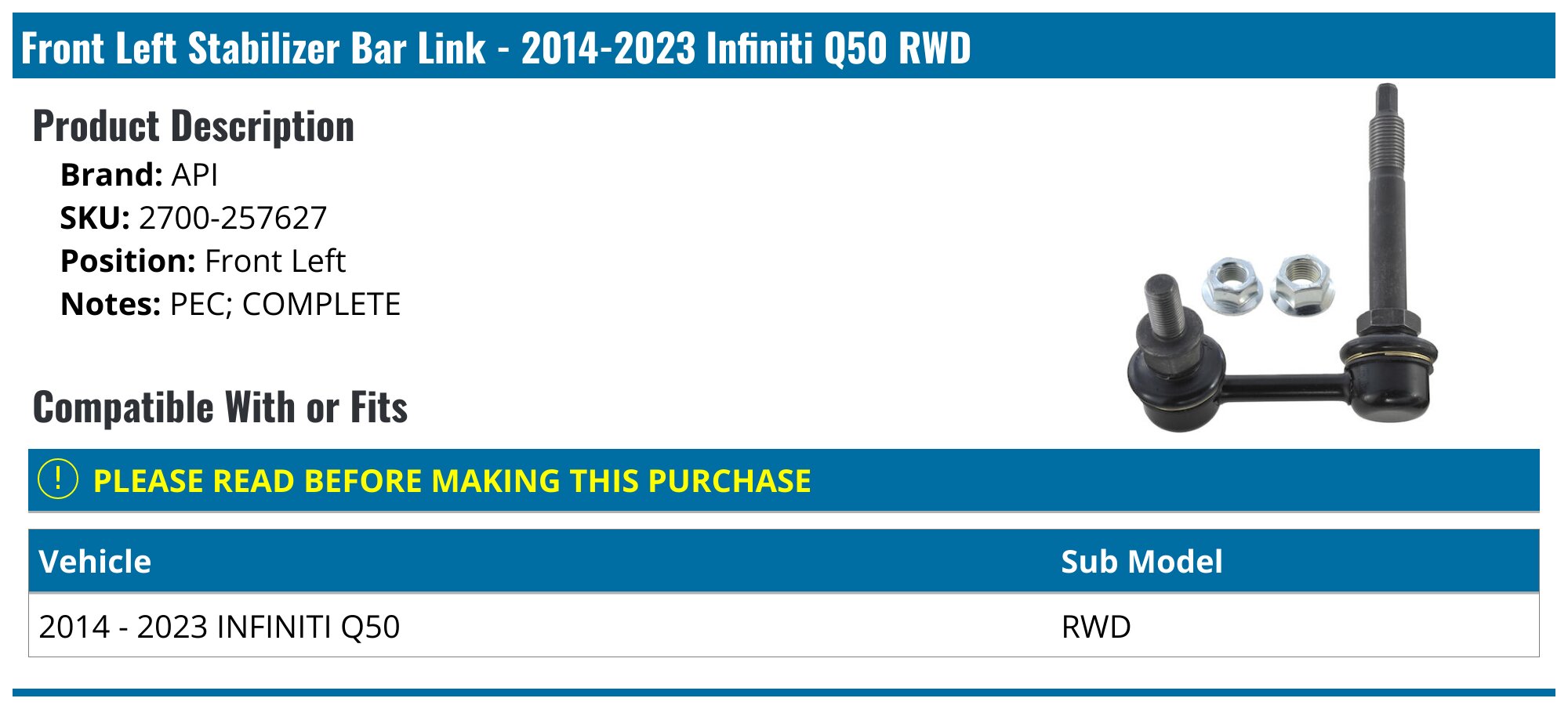 Mevotech 85858TX Front Left Sway Bar Link For Infiniti Q50 2014-2017 – AWD Suspension Stabilizer Kit