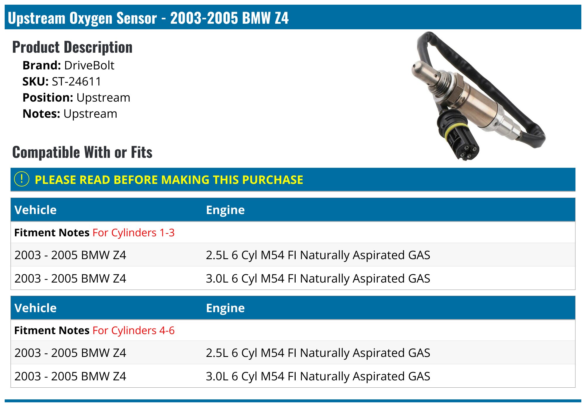 2003-2005 BMW Z4 Oxygen Sensor - DriveBolt ST-24611 - Upstream ...