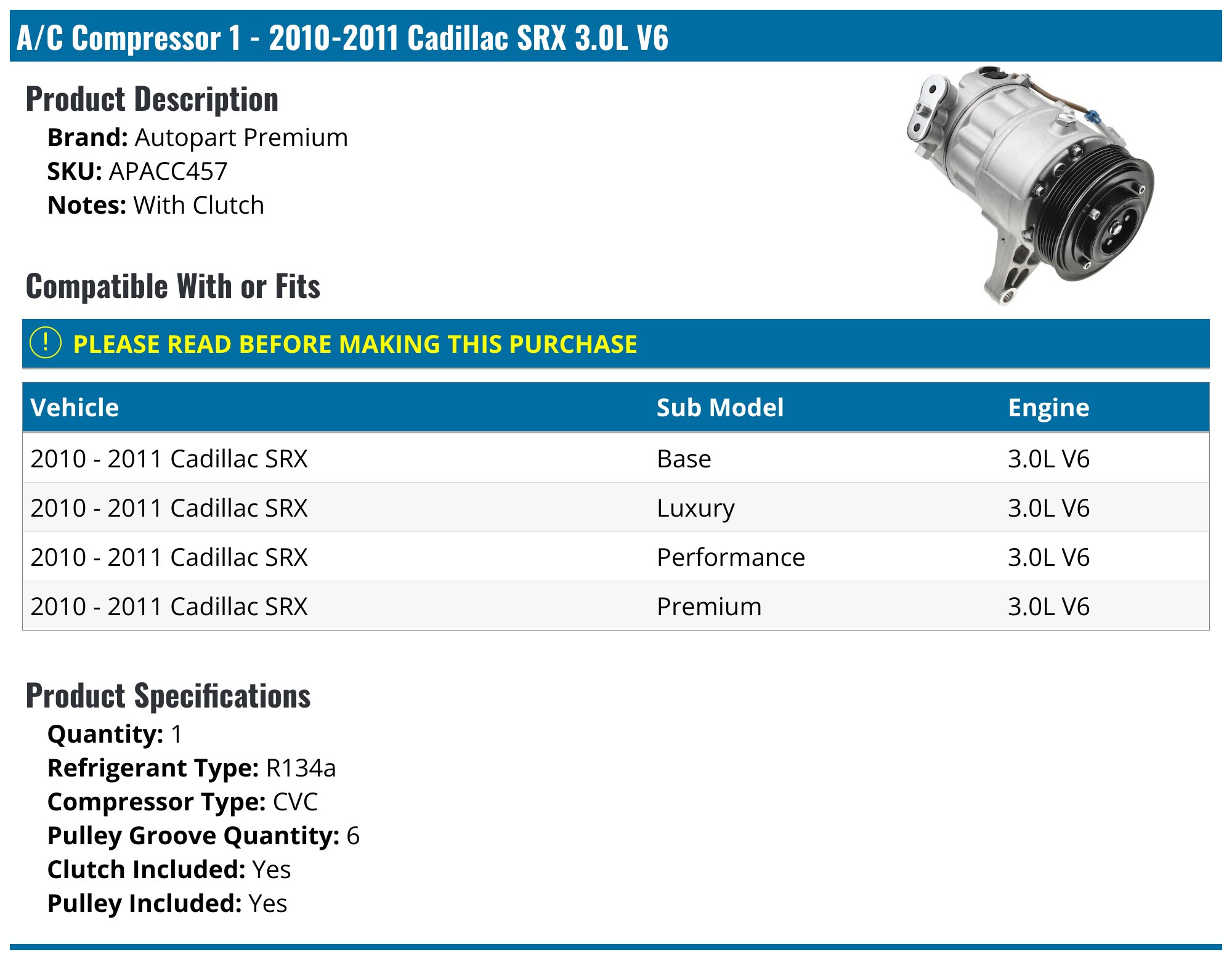 For 2010-2011 Cadillac SRX A/C Compressor AC Delco 38767JGMB 3.0L V6
