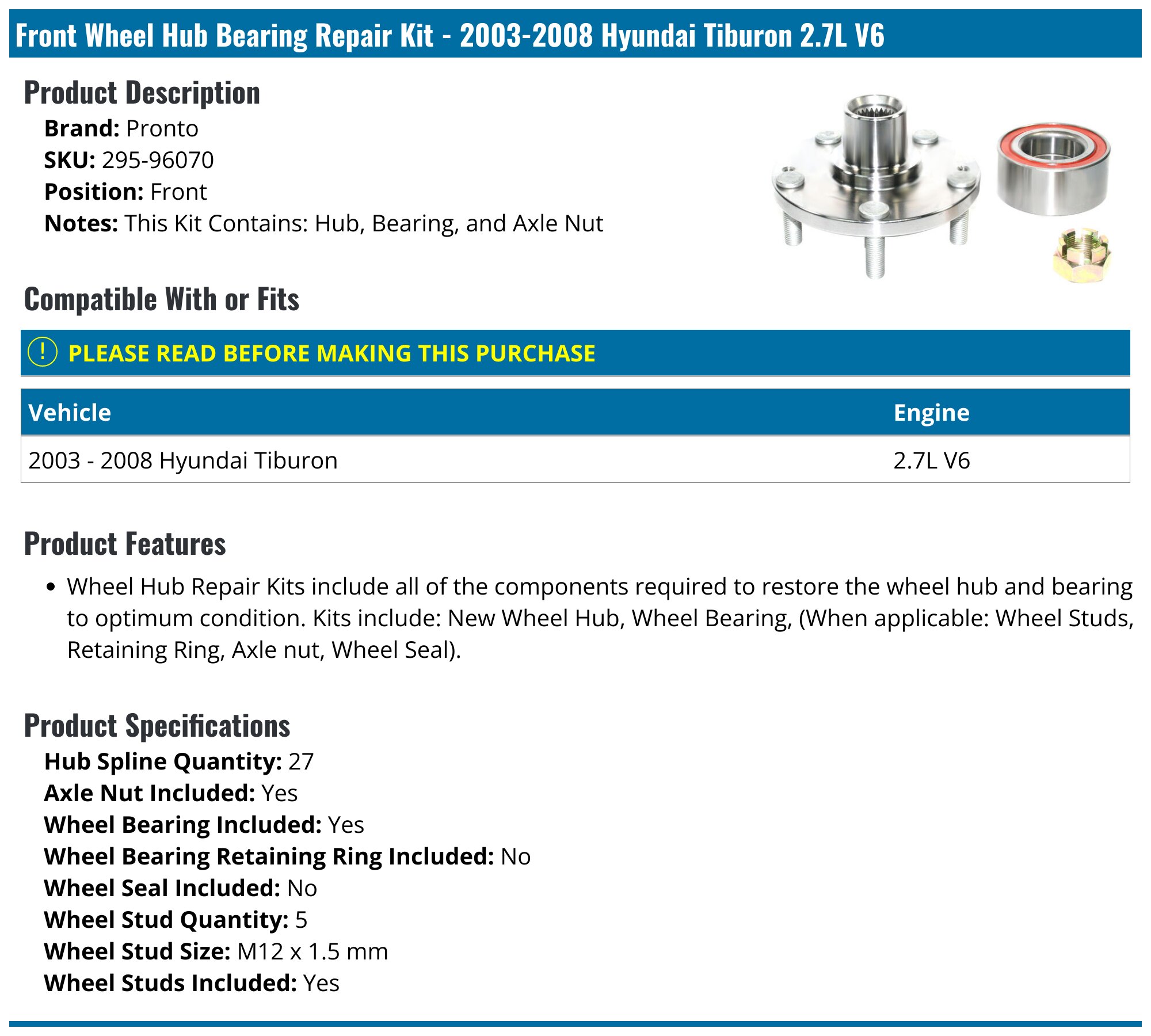 2  FRONT Wheel Bearing With Hub Kits For Hyundai Tiburon 2 7l 03 08 Only