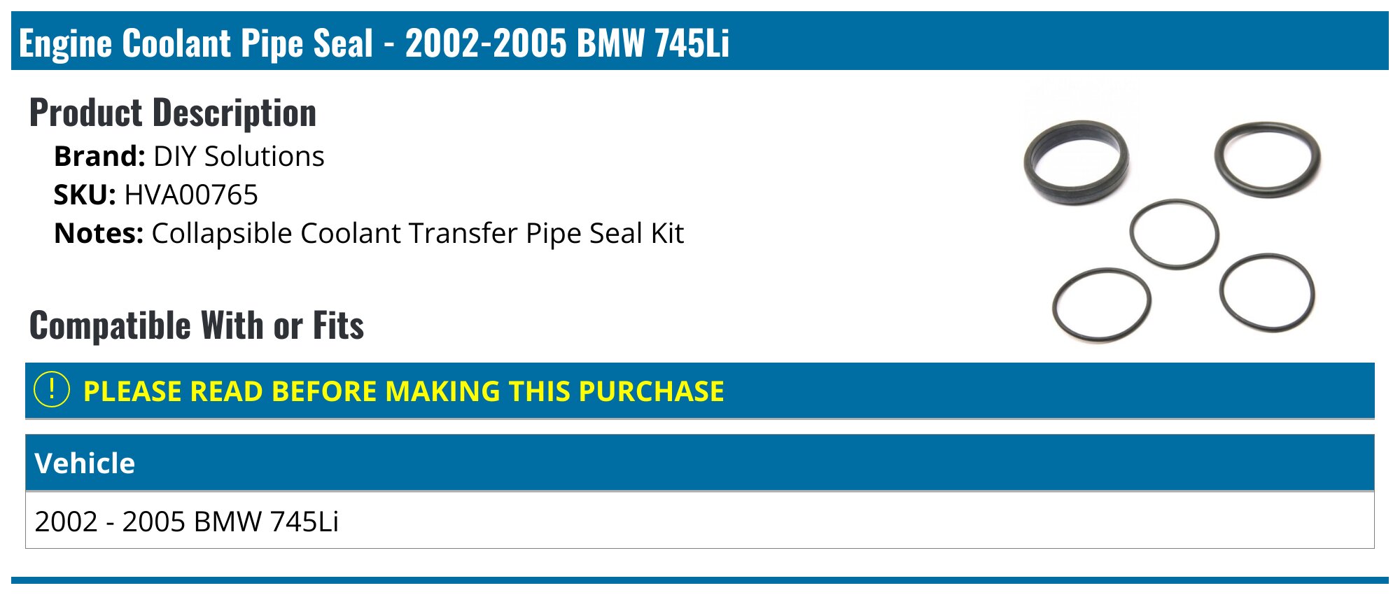 2002-2005 BMW 745Li Engine Coolant Pipe Seal - DIY Solutions HVA00765 ...