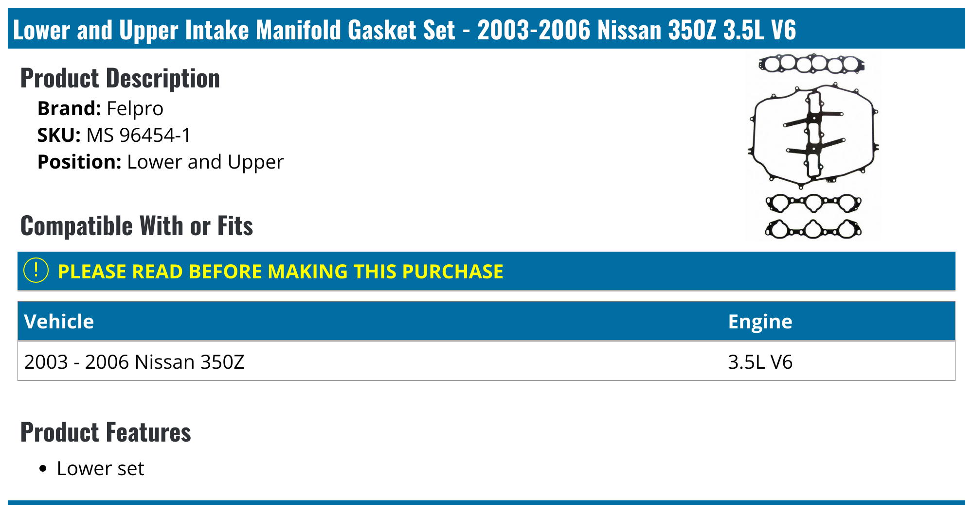 2003-2006 Nissan 350Z Intake Manifold Gasket - Felpro MS 96454-1