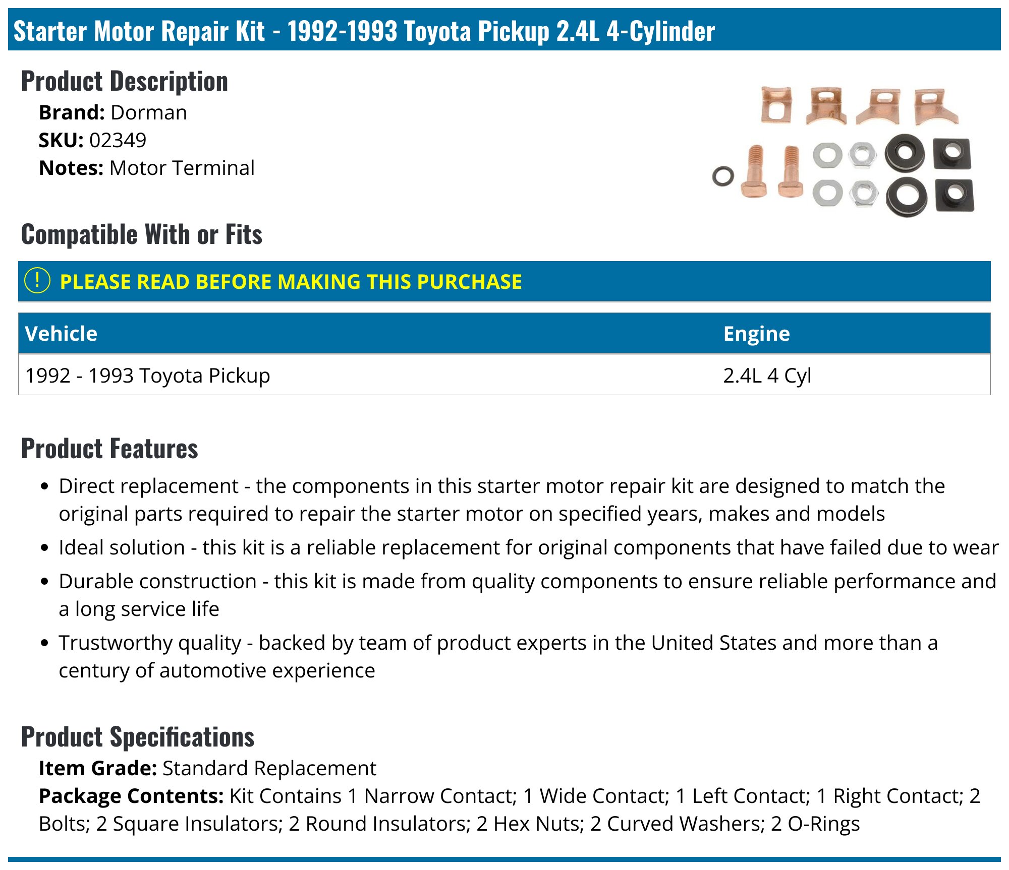 19921993 Toyota Pickup Starter Motor Repair Kit Dorman 02349
