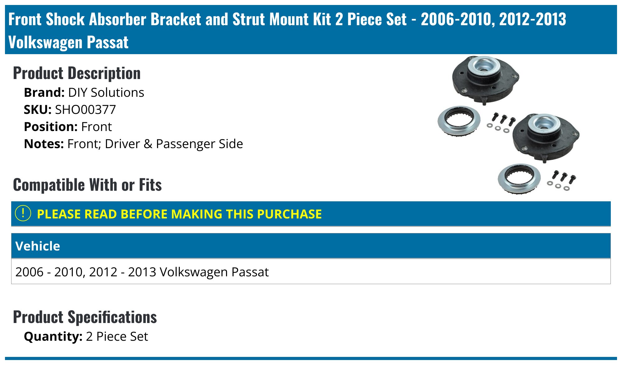 2006-2010, 2012-2013 Volkswagen Passat Strut Mount - DIY Solutions ...